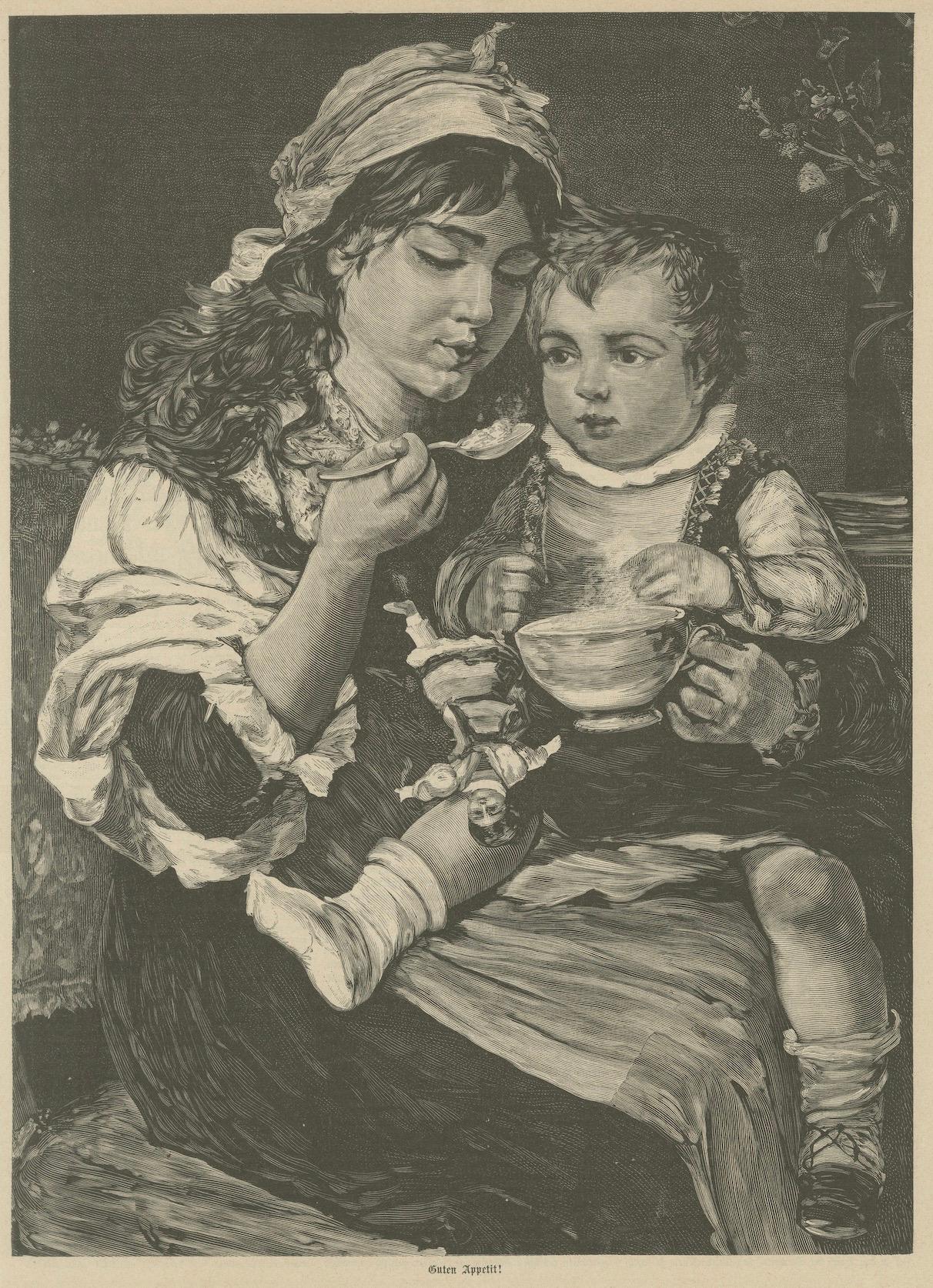 Mother and Child at Mealtime – Antique Engraving “Guten Appetit!”, c. 1890 en venta 1