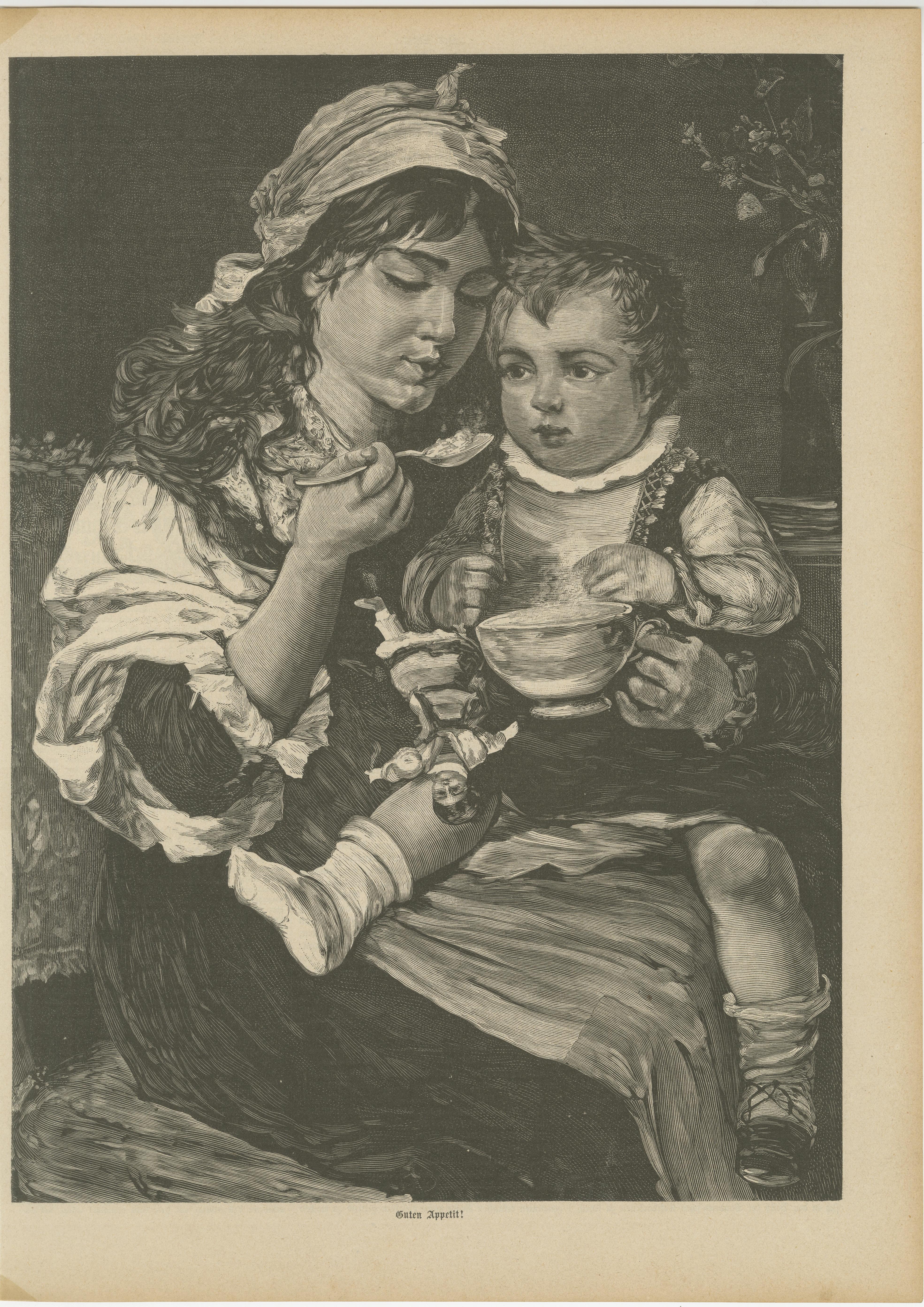 Mother and Child at Mealtime – Antique Engraving “Guten Appetit!”, c. 1890 en venta 2
