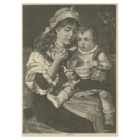 Mother and Child at Mealtime – Antique Engraving “Guten Appetit!”, c. 1890