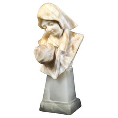 Mother And Child Carved Alabaster Bust
