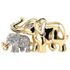 Mother and Child Elephant Diamond Gold Brooch