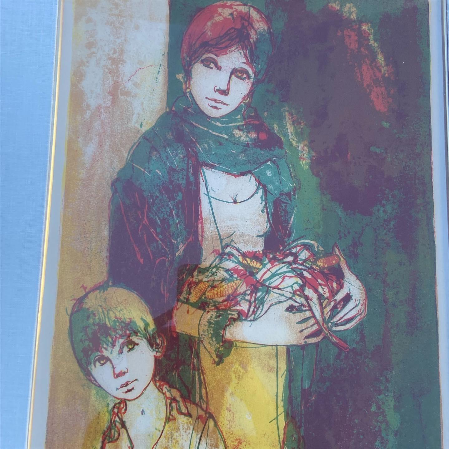 Limited Edition Signed and Framed Lithograph by Jean-Baptiste Valadié depicting a woman wearing a green shawl standing with her child.

Born in Brive-la-Gaillarde in 1933, Jean-Baptiste Valadié is a painter, sculptor, engraver, draftsman,