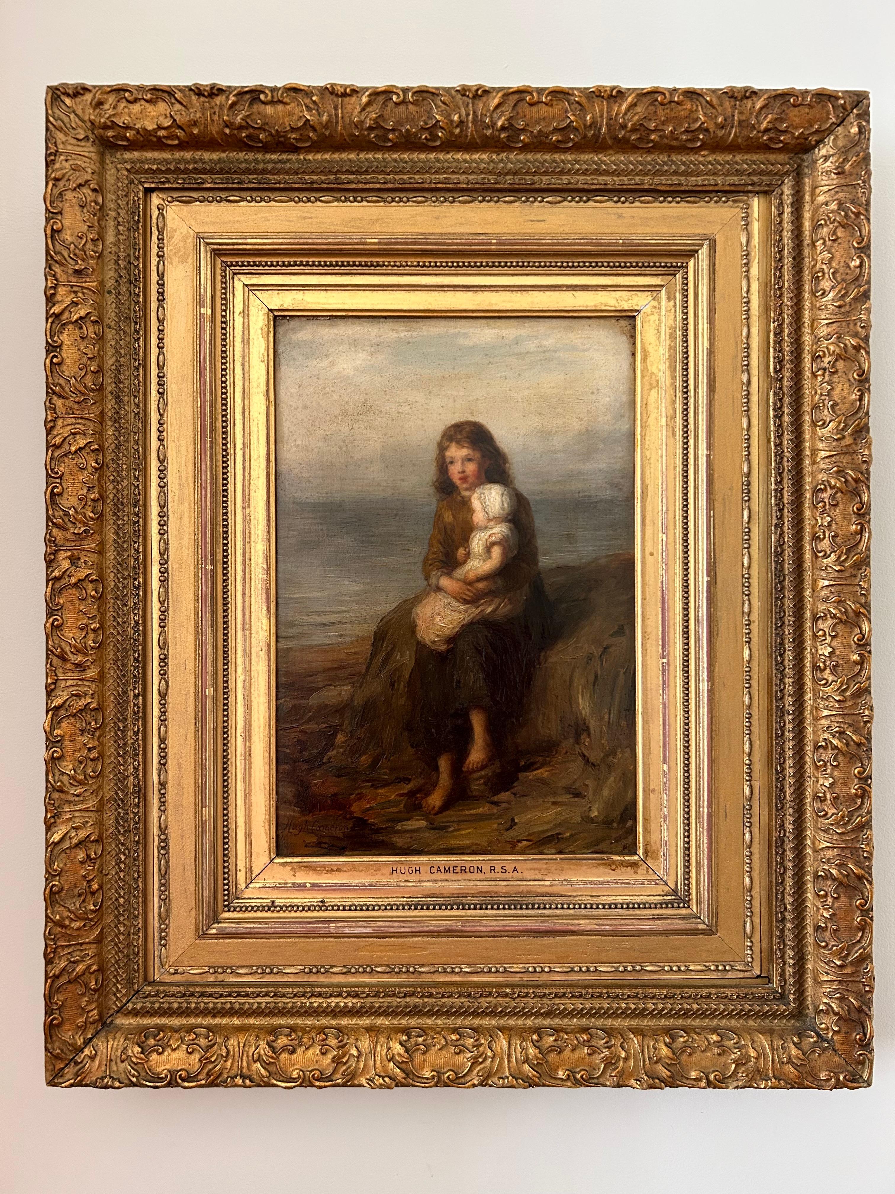 Magnifique huile sur toile de l'artiste écossais du XIXe siècle Hughes Cameron, RSA RSW, ROI (1835-1918), dans un cadre doré exquis. Cette peinture est un exemple particulièrement émouvant et nostalgique du travail de Cameron. Cameron était réputé
