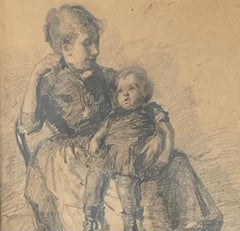 Mother and Child – Intimate Interior Scene - Drawing by Knud Erik Larsen