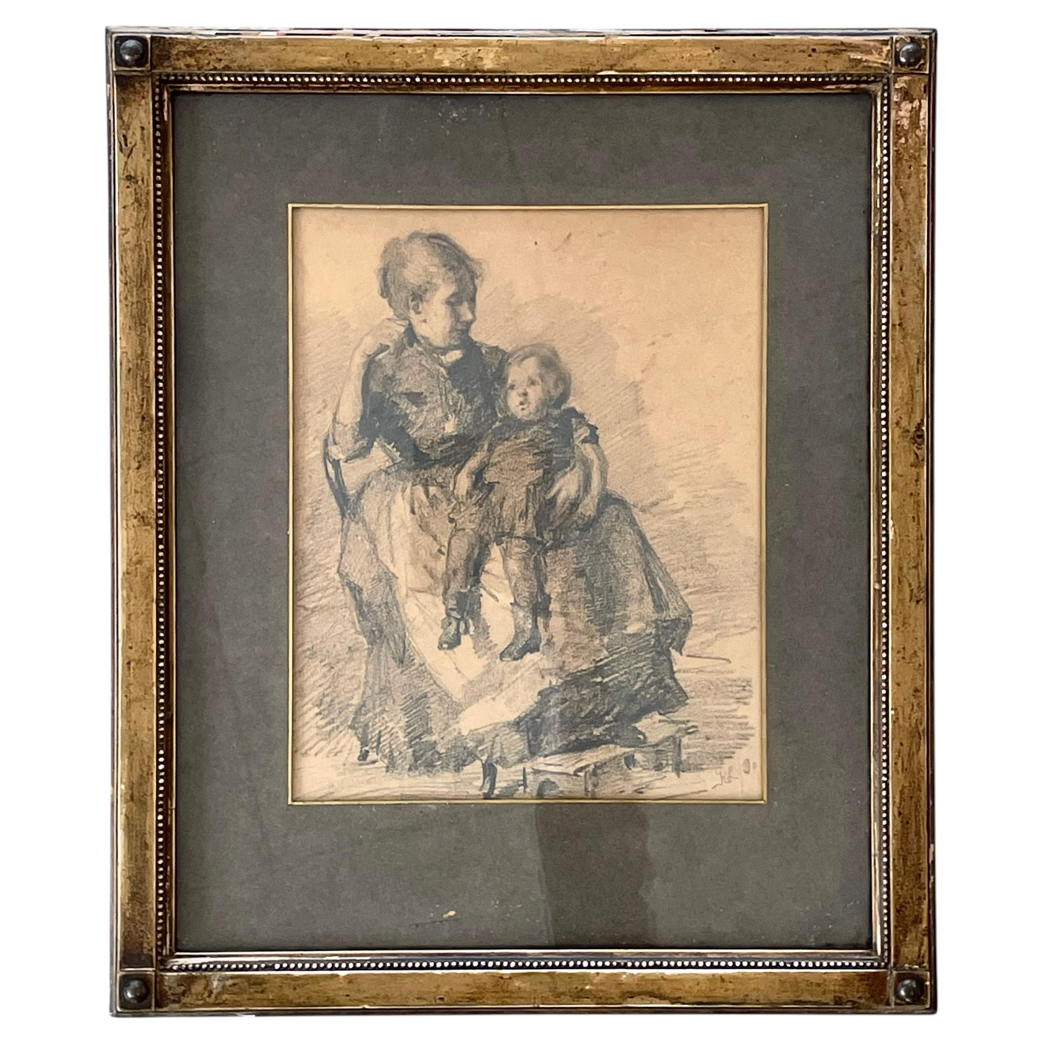 Mother and Child – Intimate Interior Scene - Drawing by Knud Erik Larsen