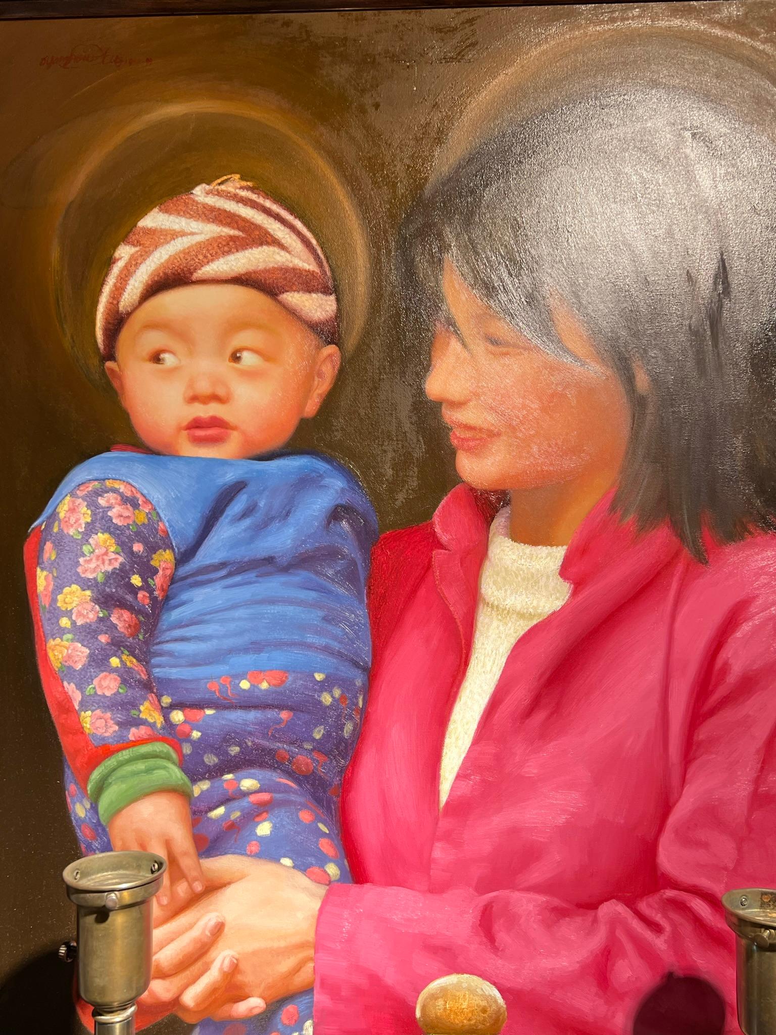 Mother and Child Portrait Oil Painting by Chinese Painter, Yanzhou Xu For Sale 6