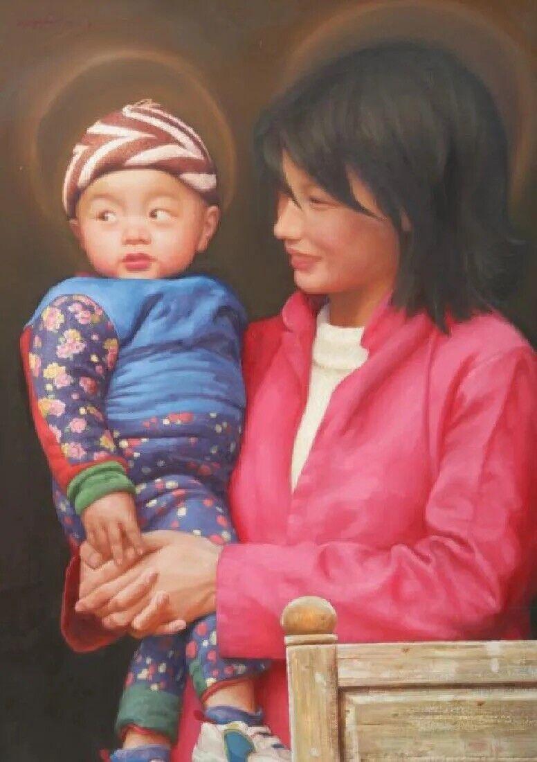Mother and Child Portrait Oil Painting by Chinese Painter, Yanzhou Xu For Sale 1