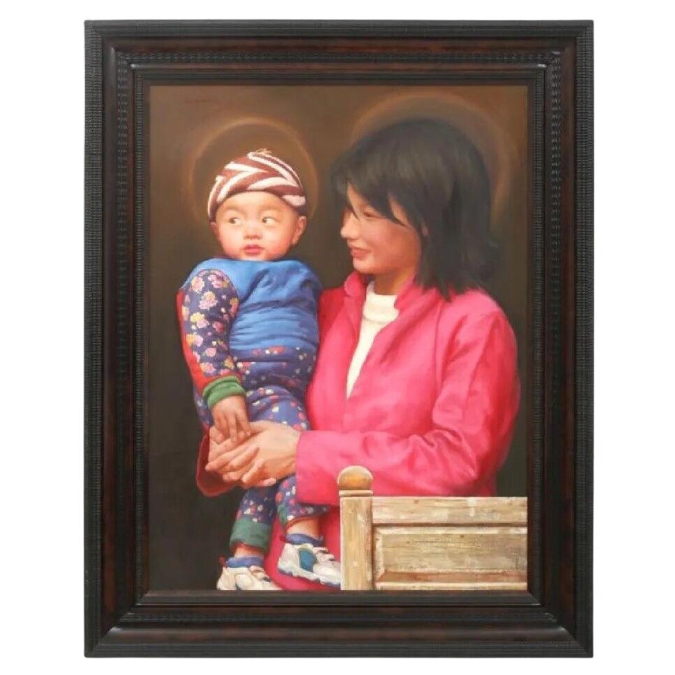 Mother and Child Portrait Oil Painting by Chinese Painter, Yanzhou Xu