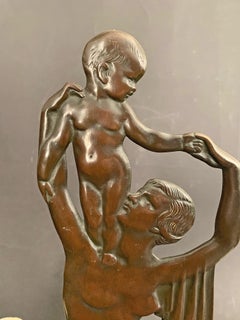 "Mother and Child, " Rare 1920s Bronze Sculptural Centerpiece and Candlestick