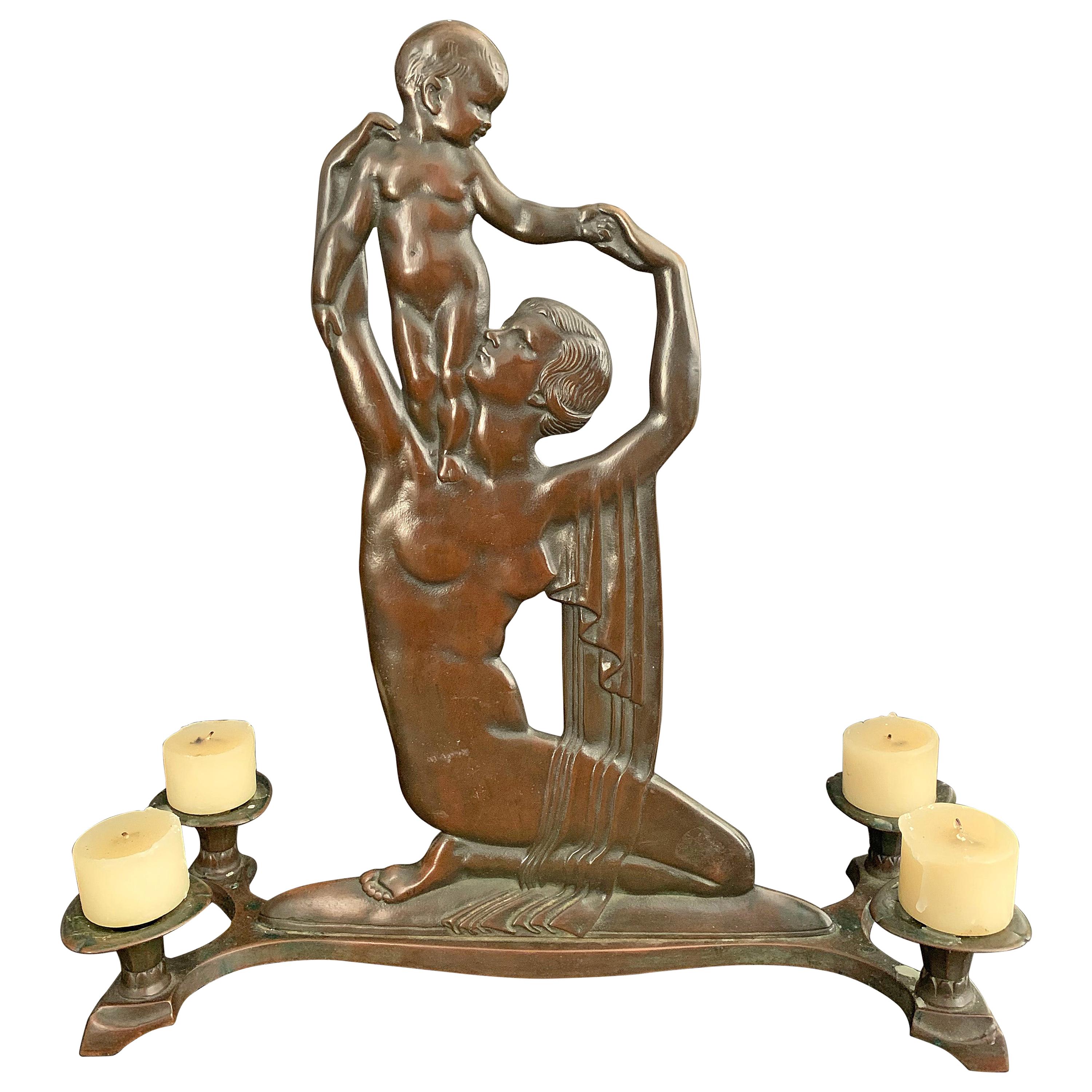 "Mother and Child, " Rare 1920s Bronze Sculptural Centerpiece and Candlestick For Sale