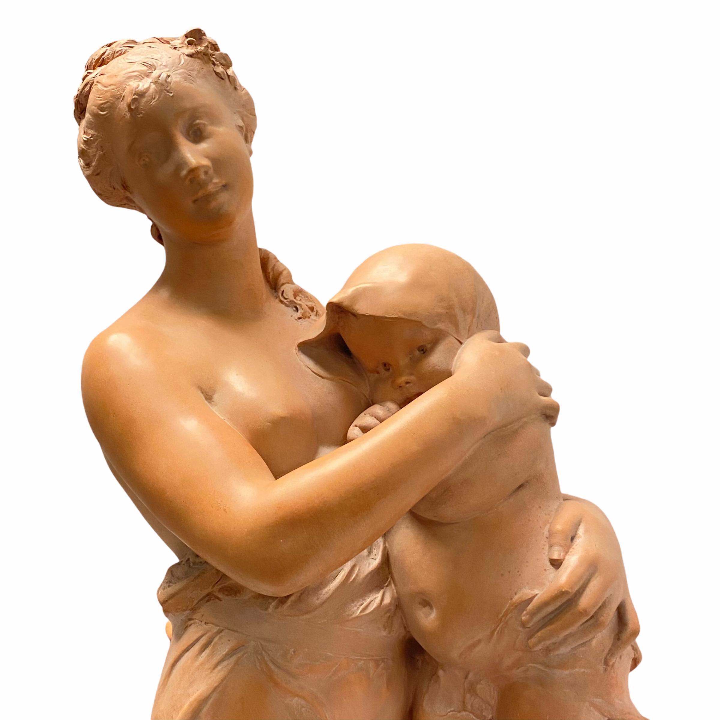 Mother and Child Terracotta Sculpture Signed Rougelet For Sale 8