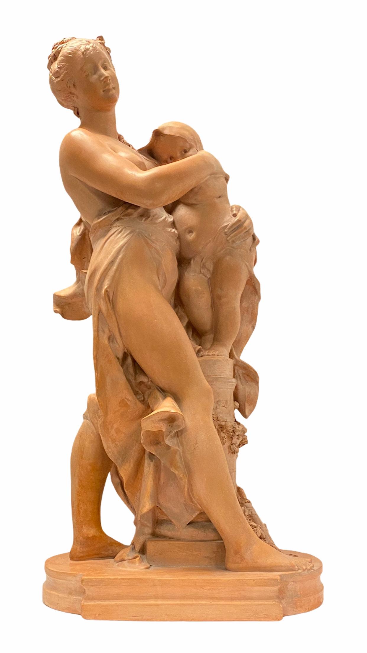 Escultura francesa de terracota de la madre y el niño del siglo XIX de muy buena calidad Firmada Rougelet ( Benoît.
Benoît (Benedict) Rougelet (FRANCÉS, 1834-1894).