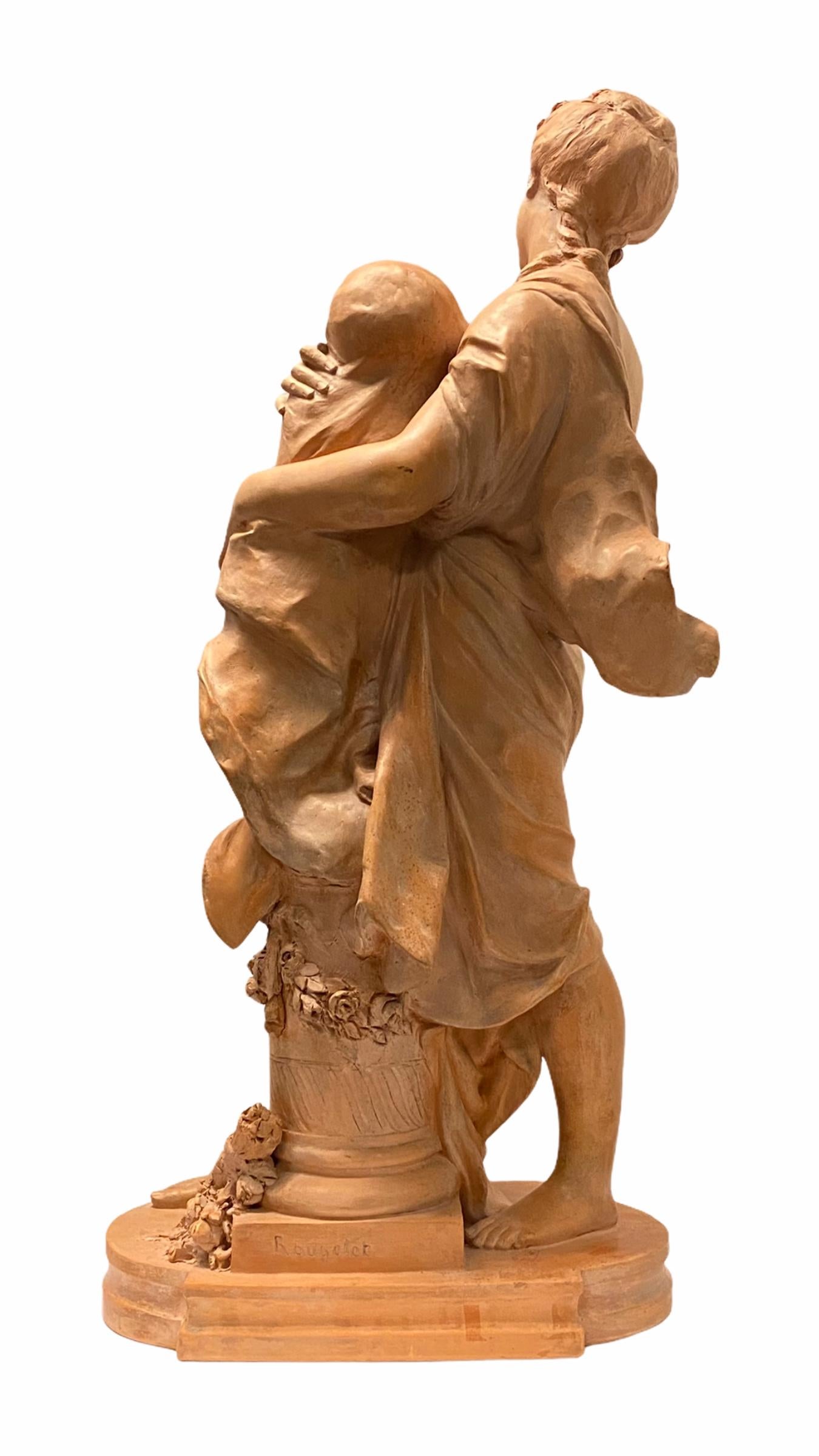 French Mother and Child Terracotta Sculpture Signed Rougelet For Sale
