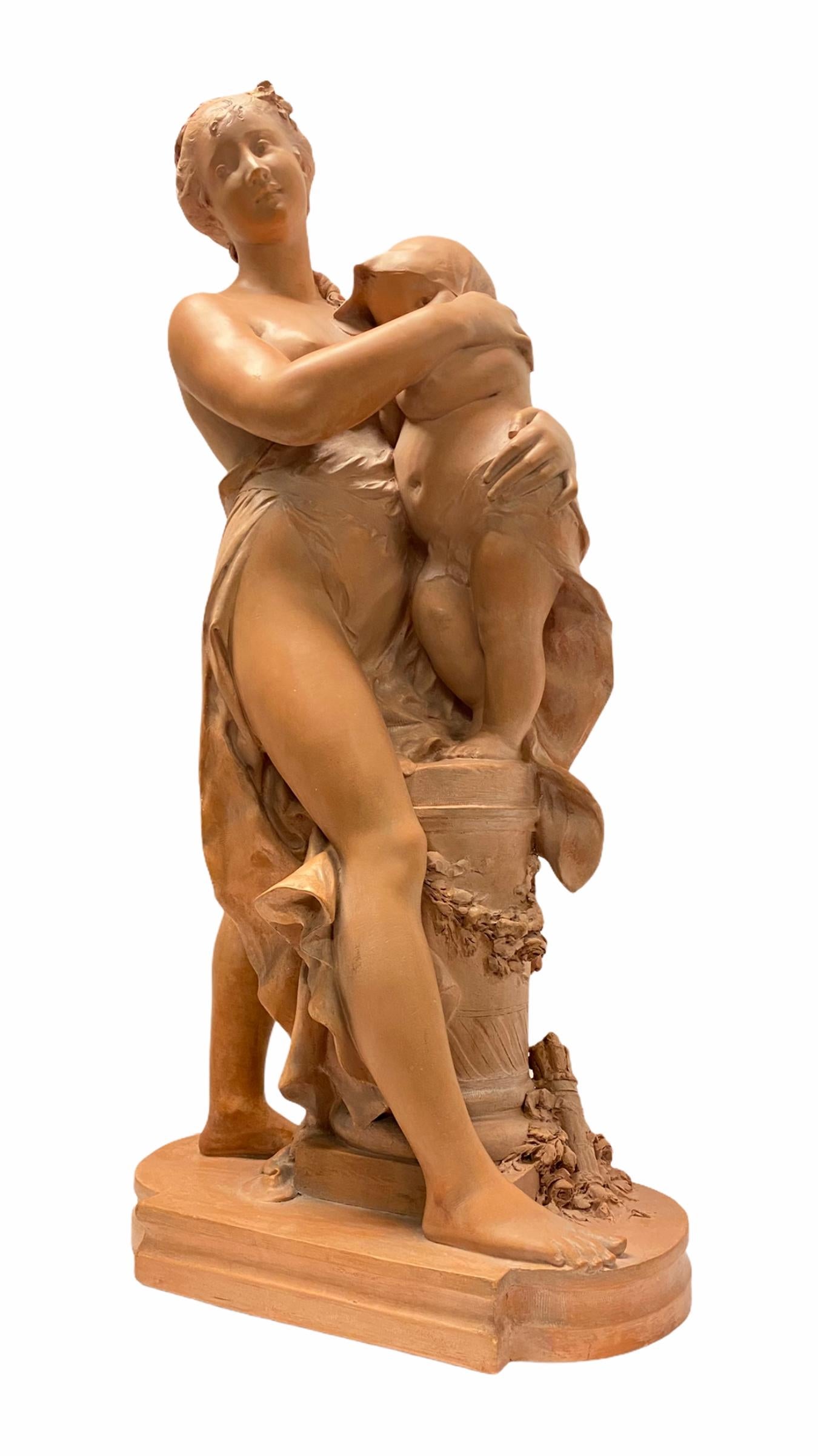 Mother and Child Terracotta Sculpture Signed Rougelet In Good Condition For Sale In New York, NY