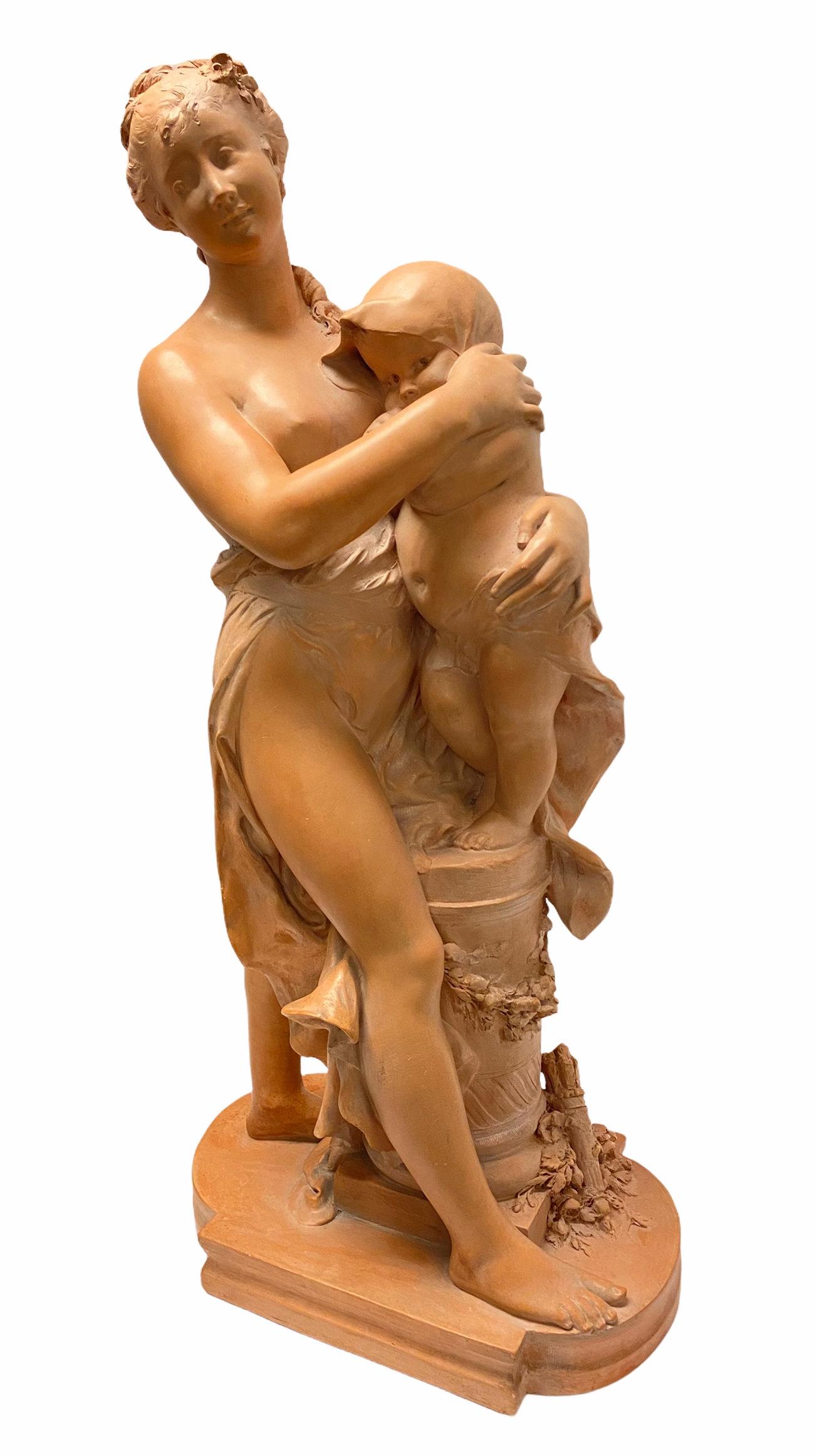 Mother and Child Terracotta Sculpture Signed Rougelet For Sale 1