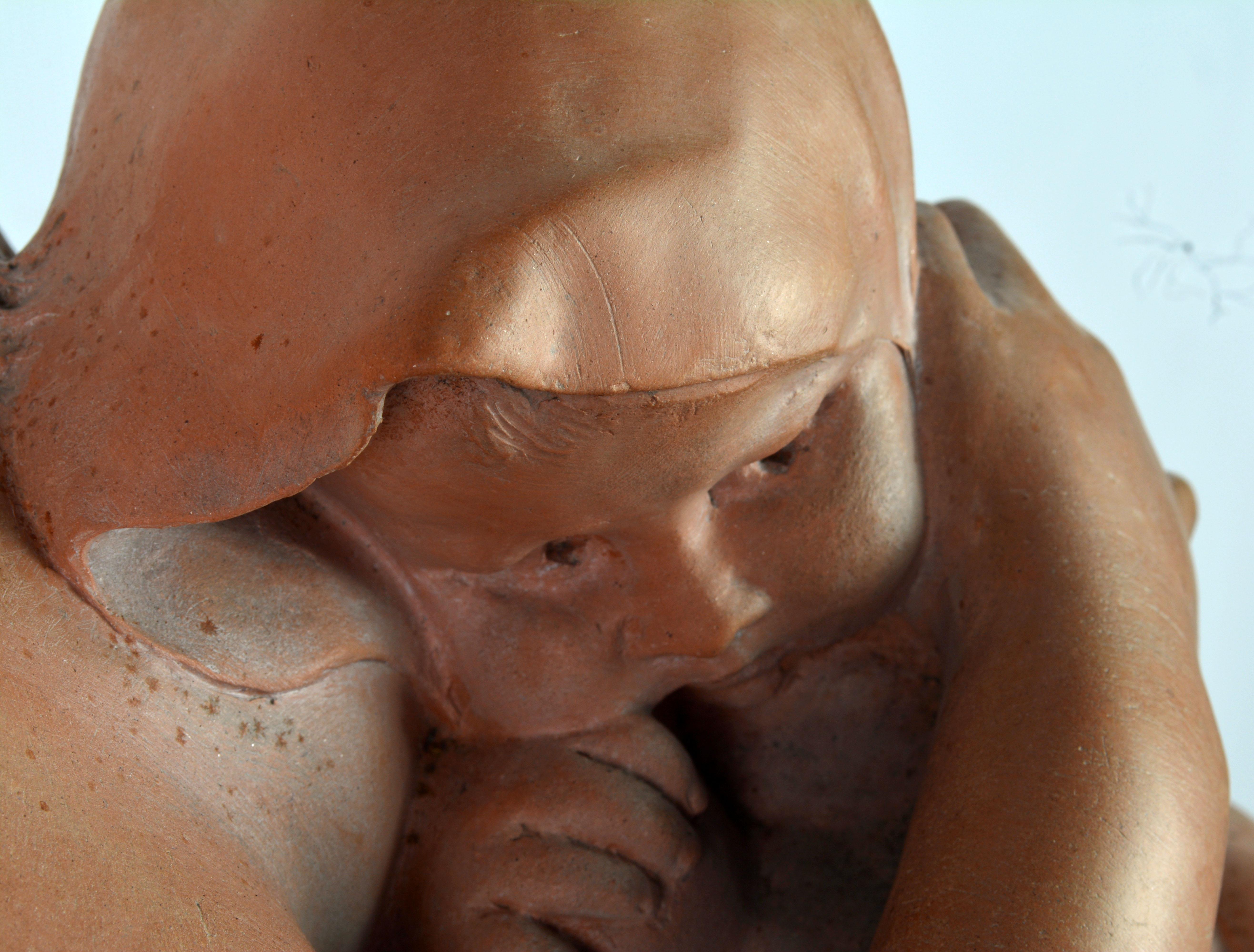 'Mother and Child' Wonderful Moving Terracotta Sculpture by Benoit Rougelet 6