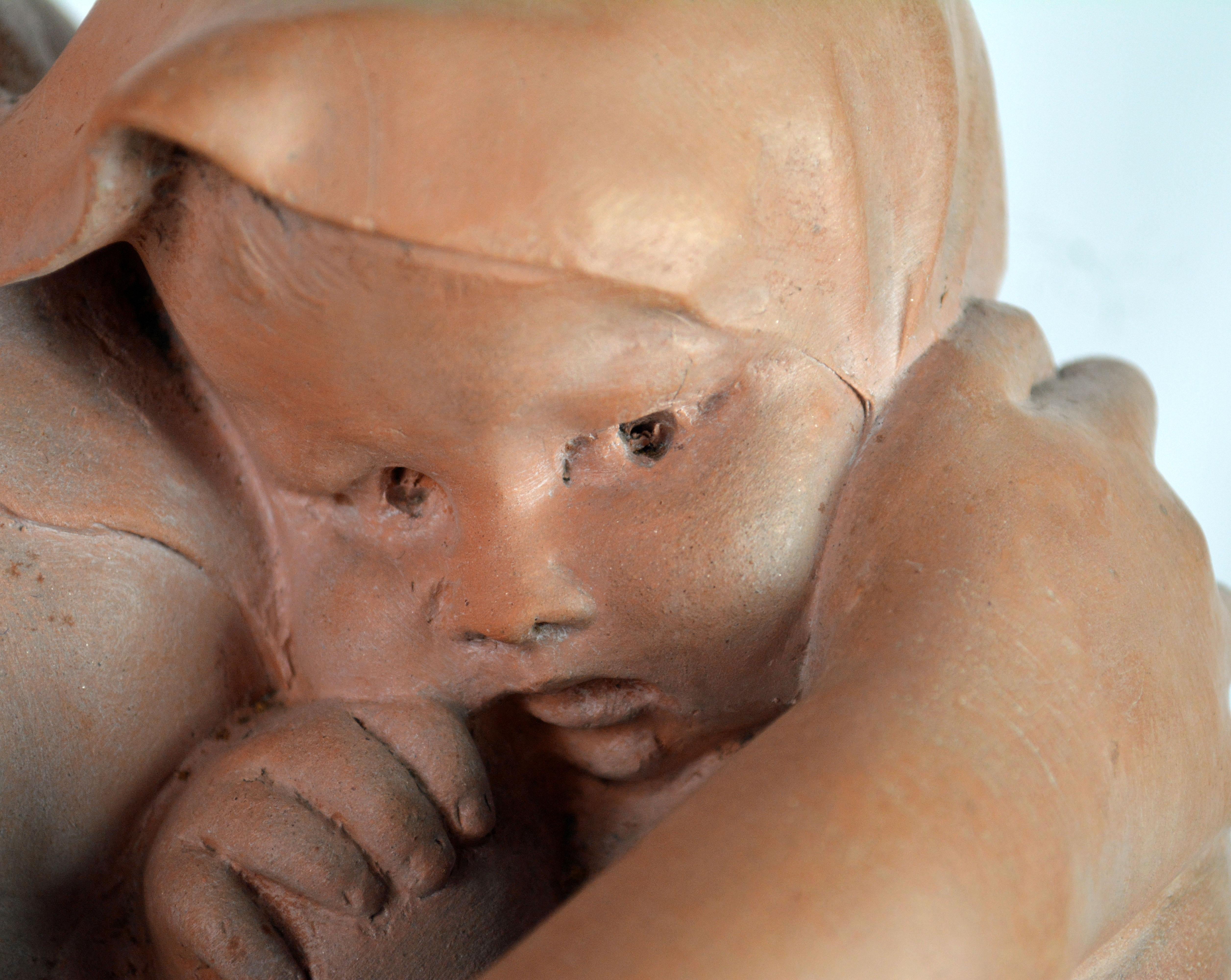 'Mother and Child' Wonderful Moving Terracotta Sculpture by Benoit Rougelet 7