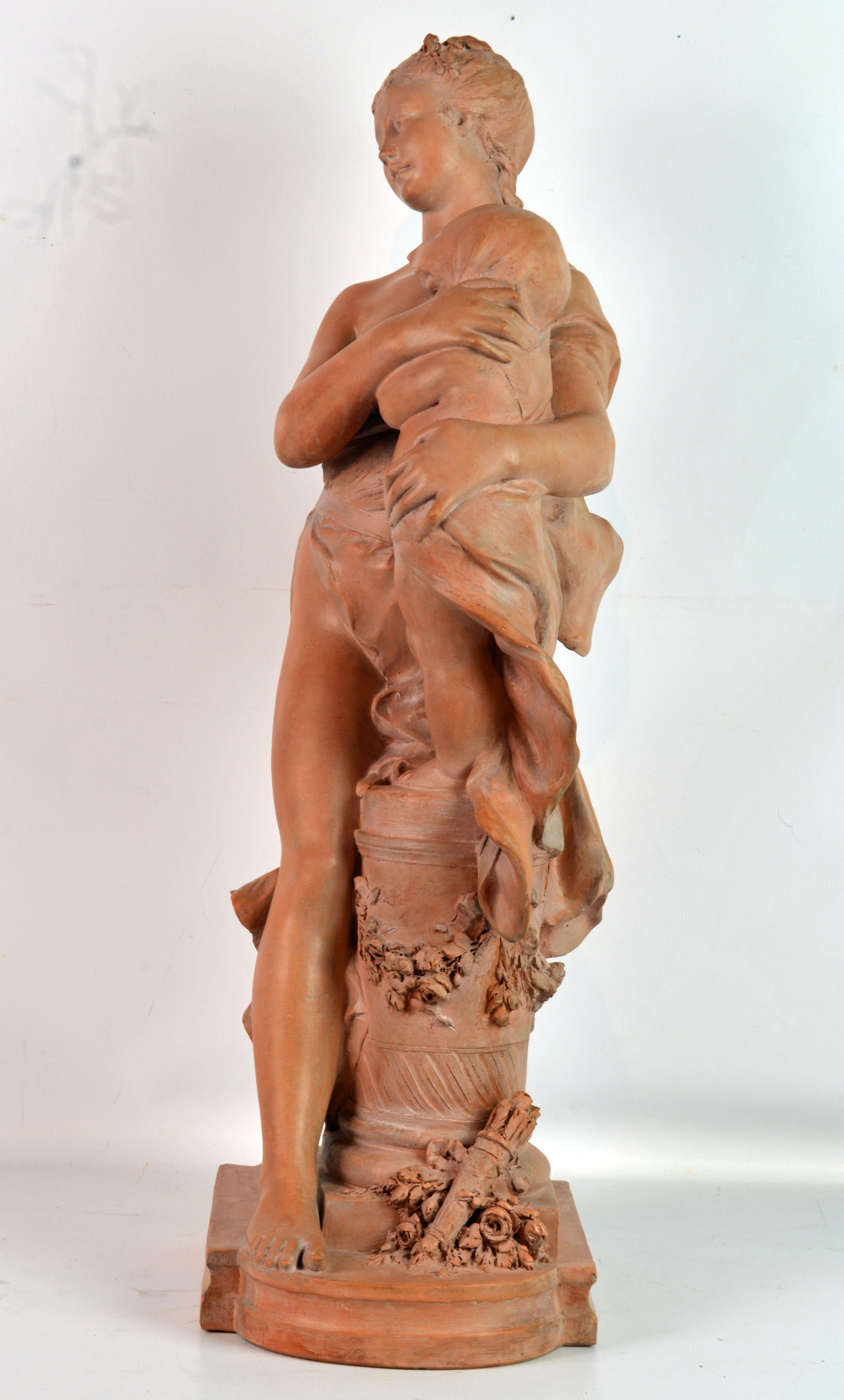 Beaux Arts 'Mother and Child' Wonderful Moving Terracotta Sculpture by Benoit Rougelet