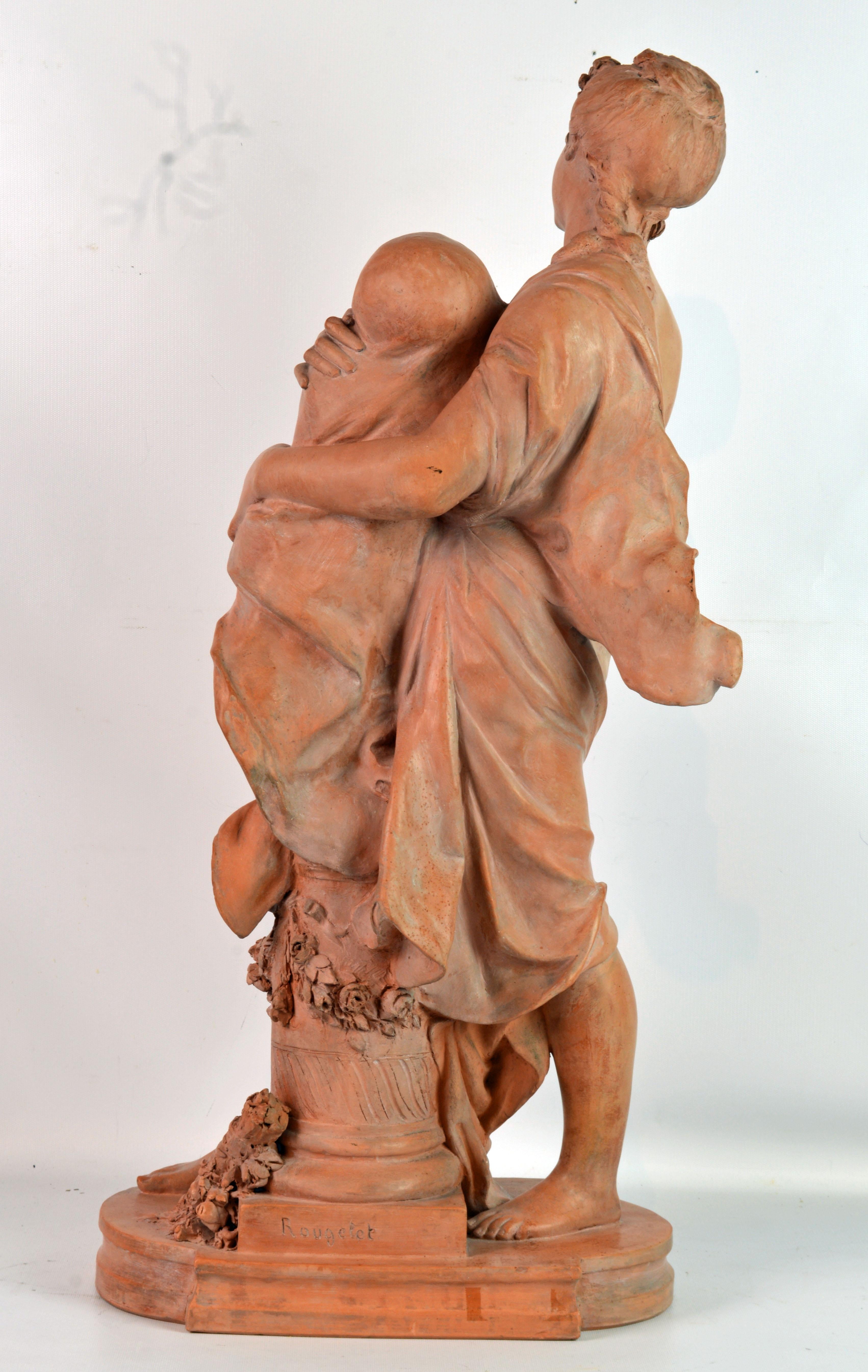 French 'Mother and Child' Wonderful Moving Terracotta Sculpture by Benoit Rougelet