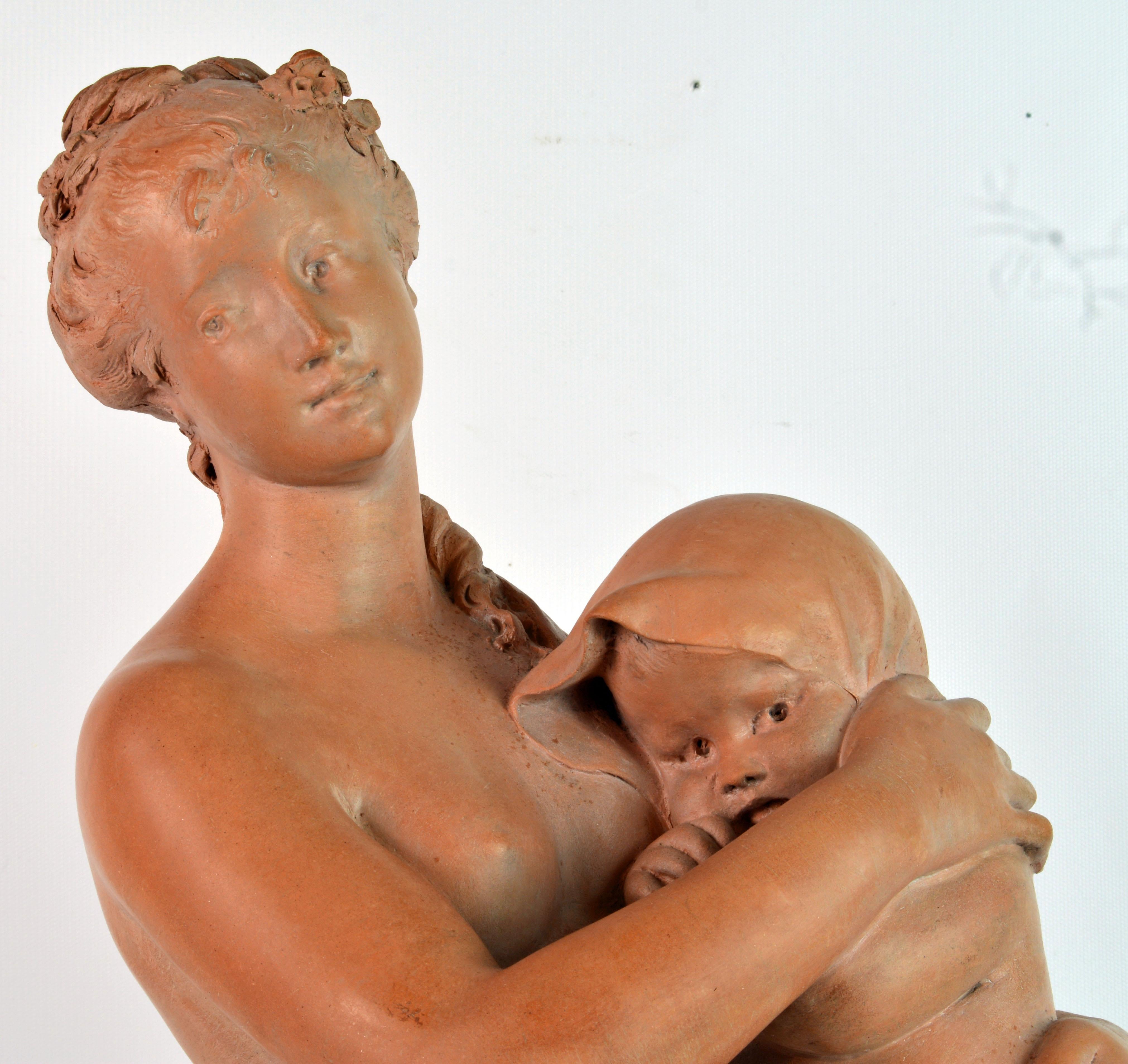 19th Century 'Mother and Child' Wonderful Moving Terracotta Sculpture by Benoit Rougelet