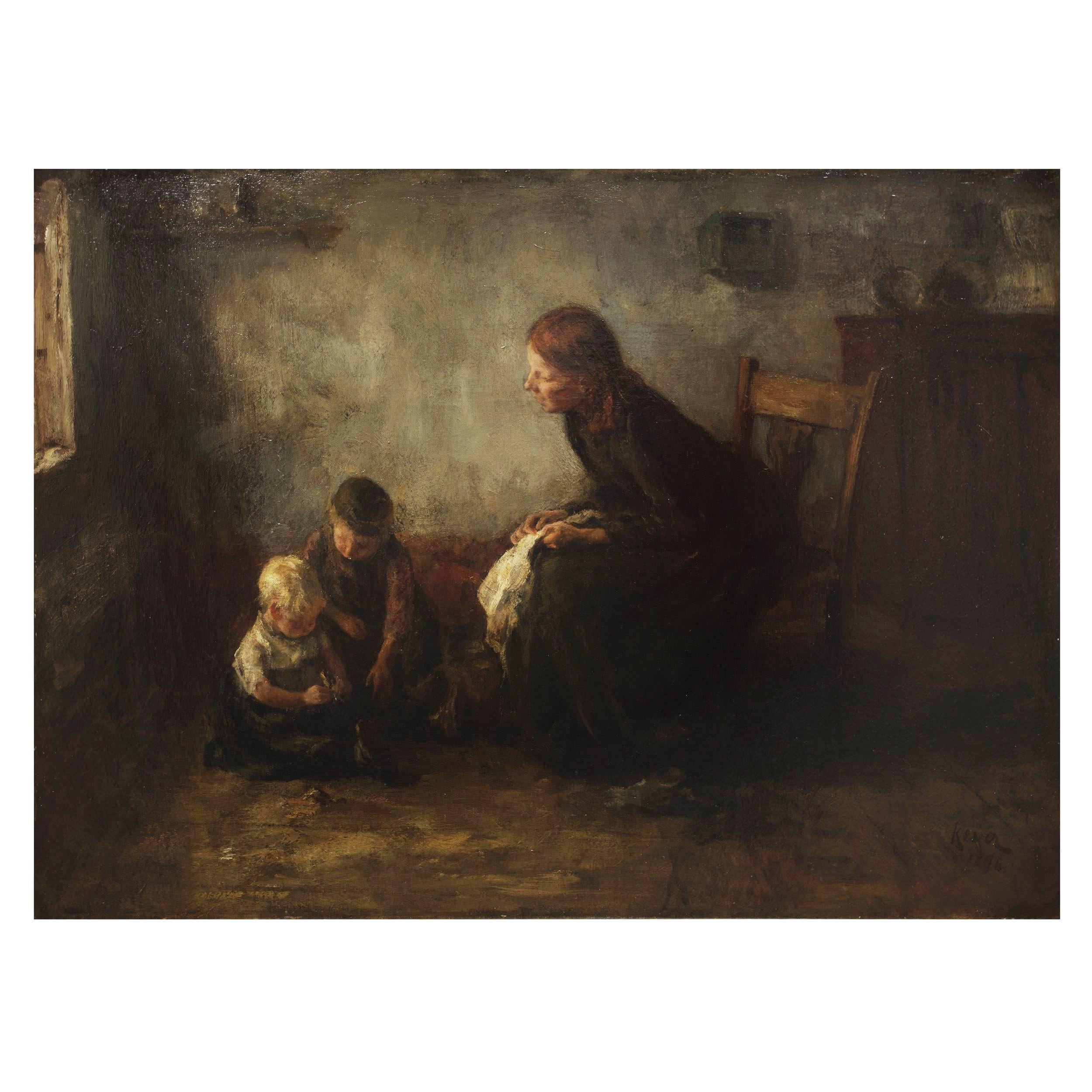 The light of the setting sun breaks across this scene with an intense golden glow, settling across the brilliant blond hair of the seated baby girl on the floor as she plays with a flower in hand. Her brother leans over to help her as her mother
