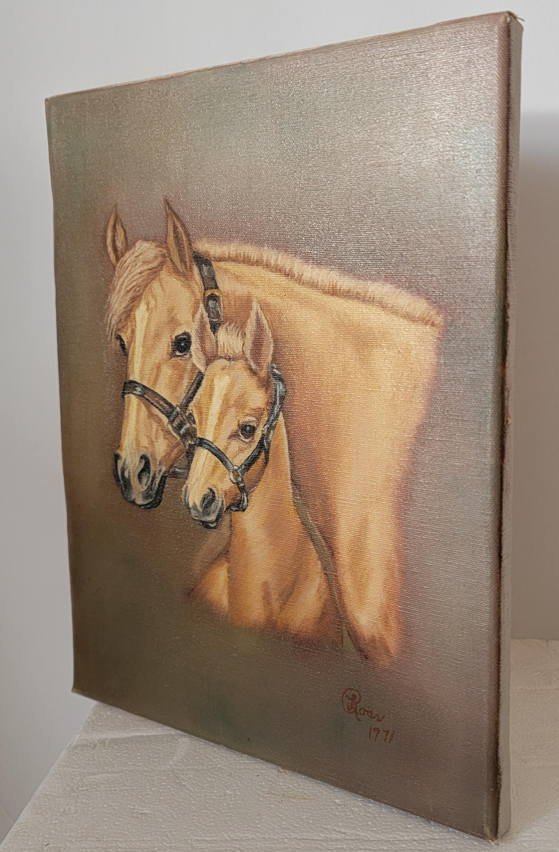 Adirondack Mother and Colt Horse Painting For Sale
