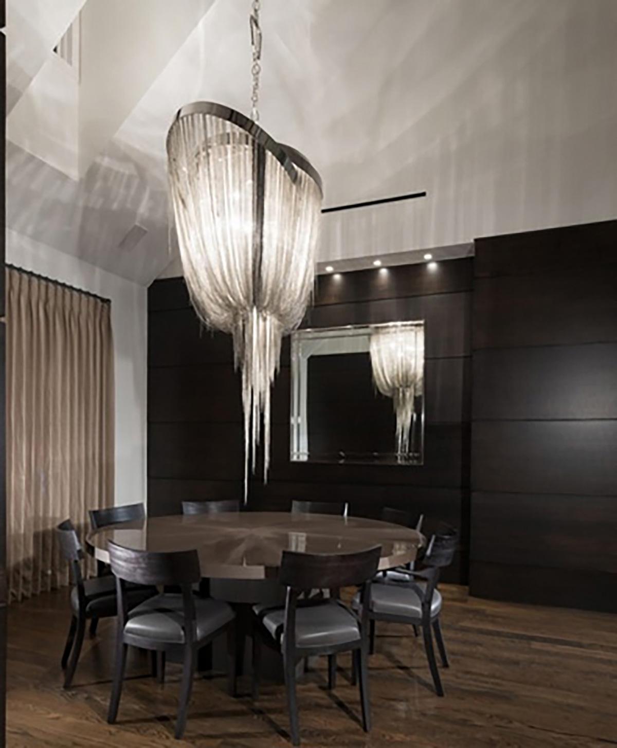 Contemporary Mother Chandelier:  Elegant, Draped Chandelier in Stainless Steel For Sale