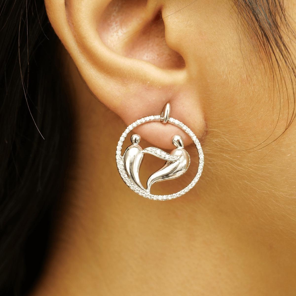 Art Deco Mother Child Eternity Bond Statement Earrings in 14k Solid Gold (Certified) For Sale