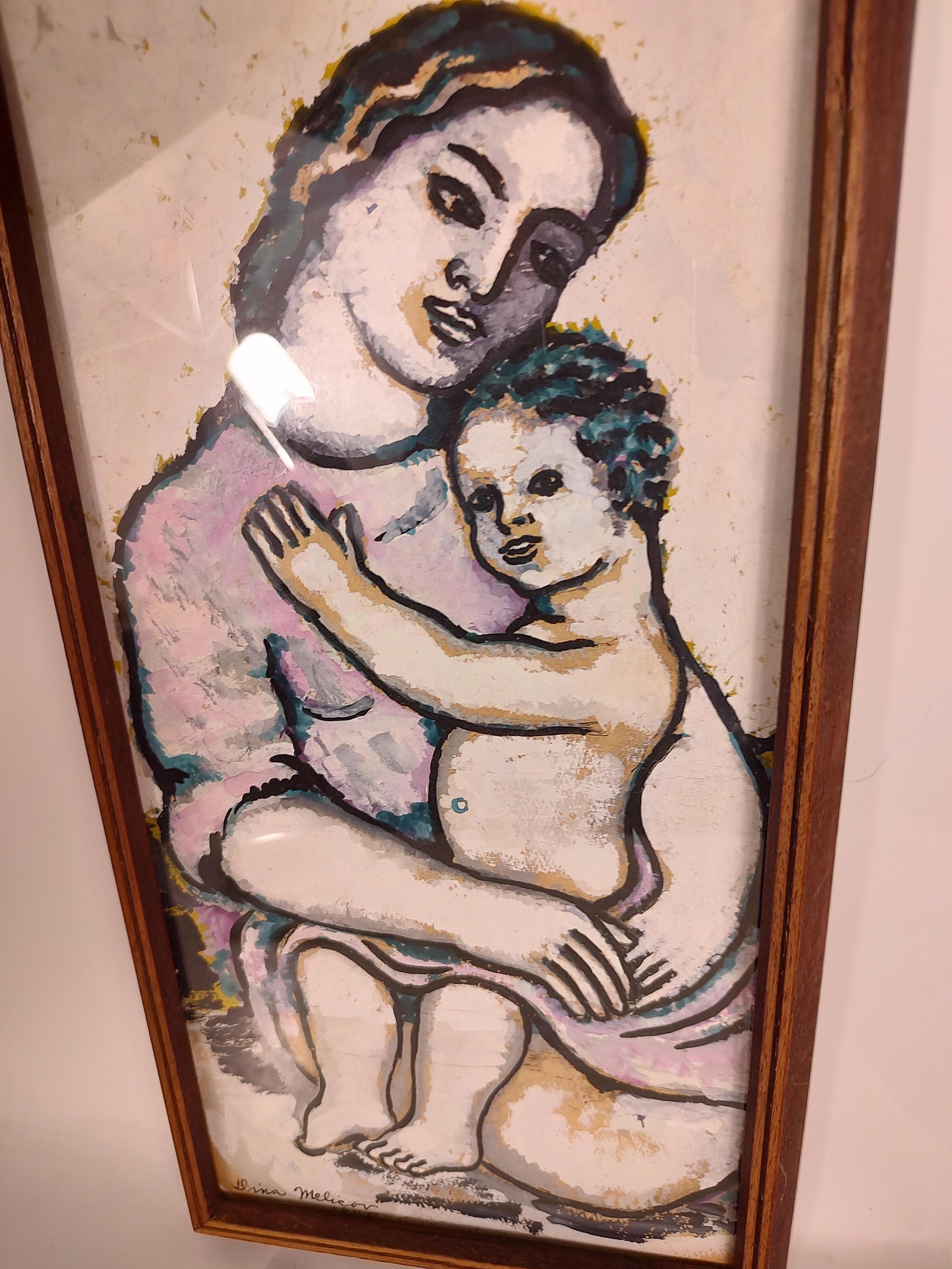 Mother & Child Oil on Paper by Russian American Artist Dina Melikov In Good Condition In Port Jervis, NY