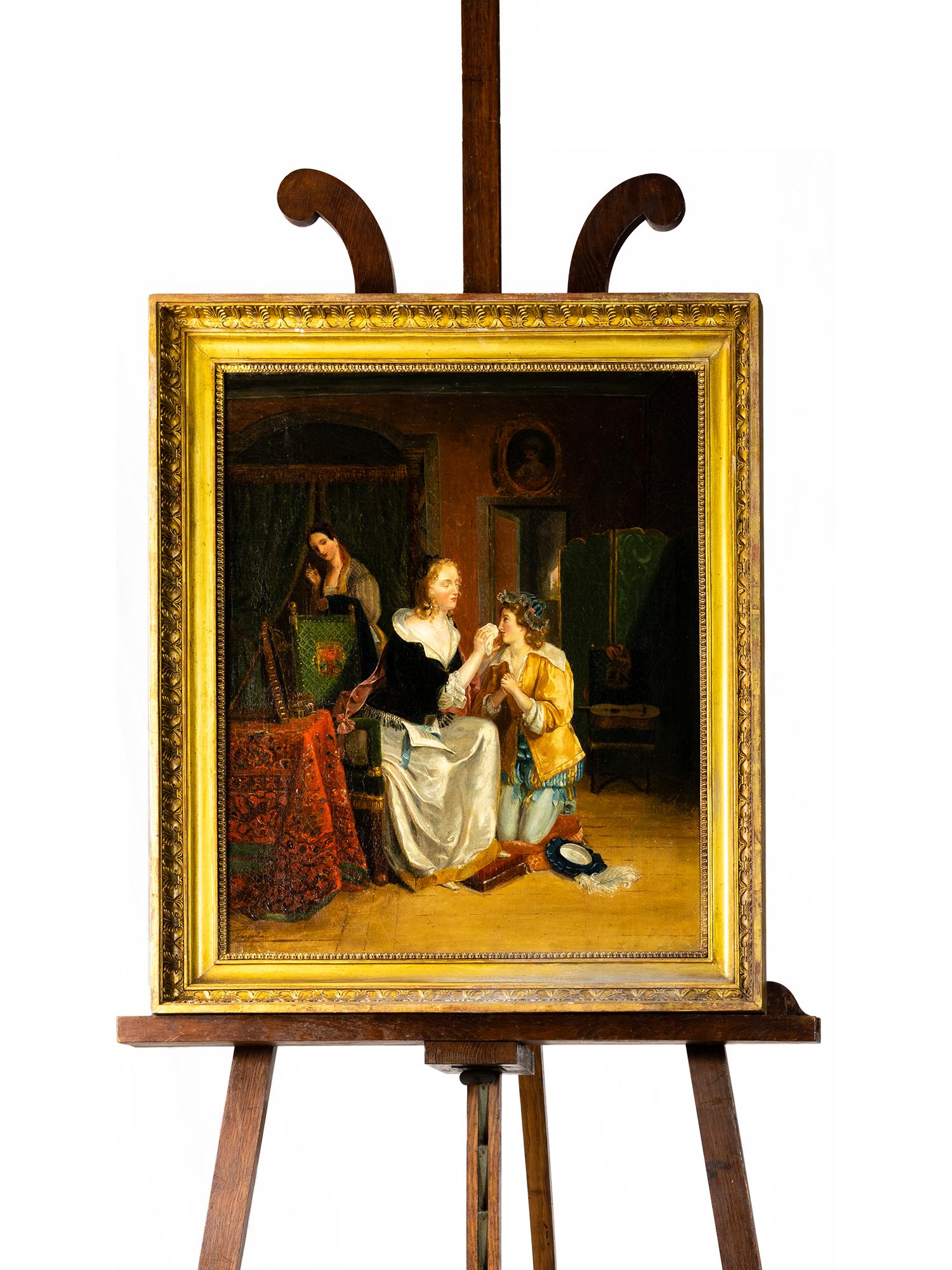 Ein Gemälde des Romantikers Jean-Augustin Franquelin mit einer Szene einer knienden, weinenden Tochter und einer die Tränen abwischenden Mutter, signiertes Gemälde, ein bedeutender Maler der École des Beaux-Arts de Paris. 

Leinwand mit craquelet,