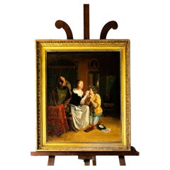 Antique Romanticism Painting, Mother Daughter By Jean Augustin Franquelin, 19th Century