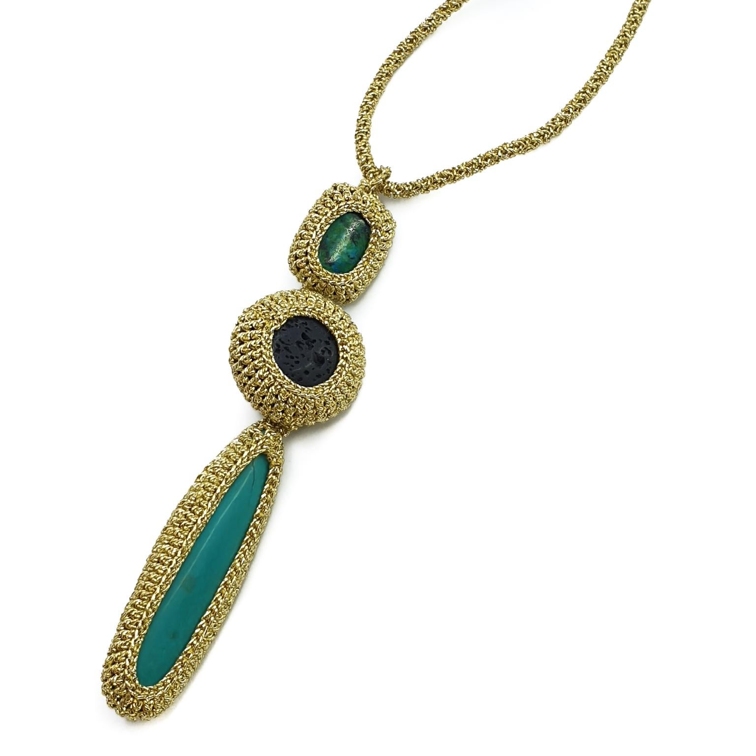 This is a contemporary, classic design crochet pendant necklace. The natural stones are beautifully crochet around in tight stitches emphasizing their colors.

The necklace can be custom made. Choice of stones can be selected.

The necklace is