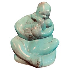 "Mother Embracing Child," WPA-Era Sculpture in Turquoise and Charcoal