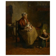 Vintage “Mother & Her Children” Interior Painting by Bernard de Hoog, 'Dutch'