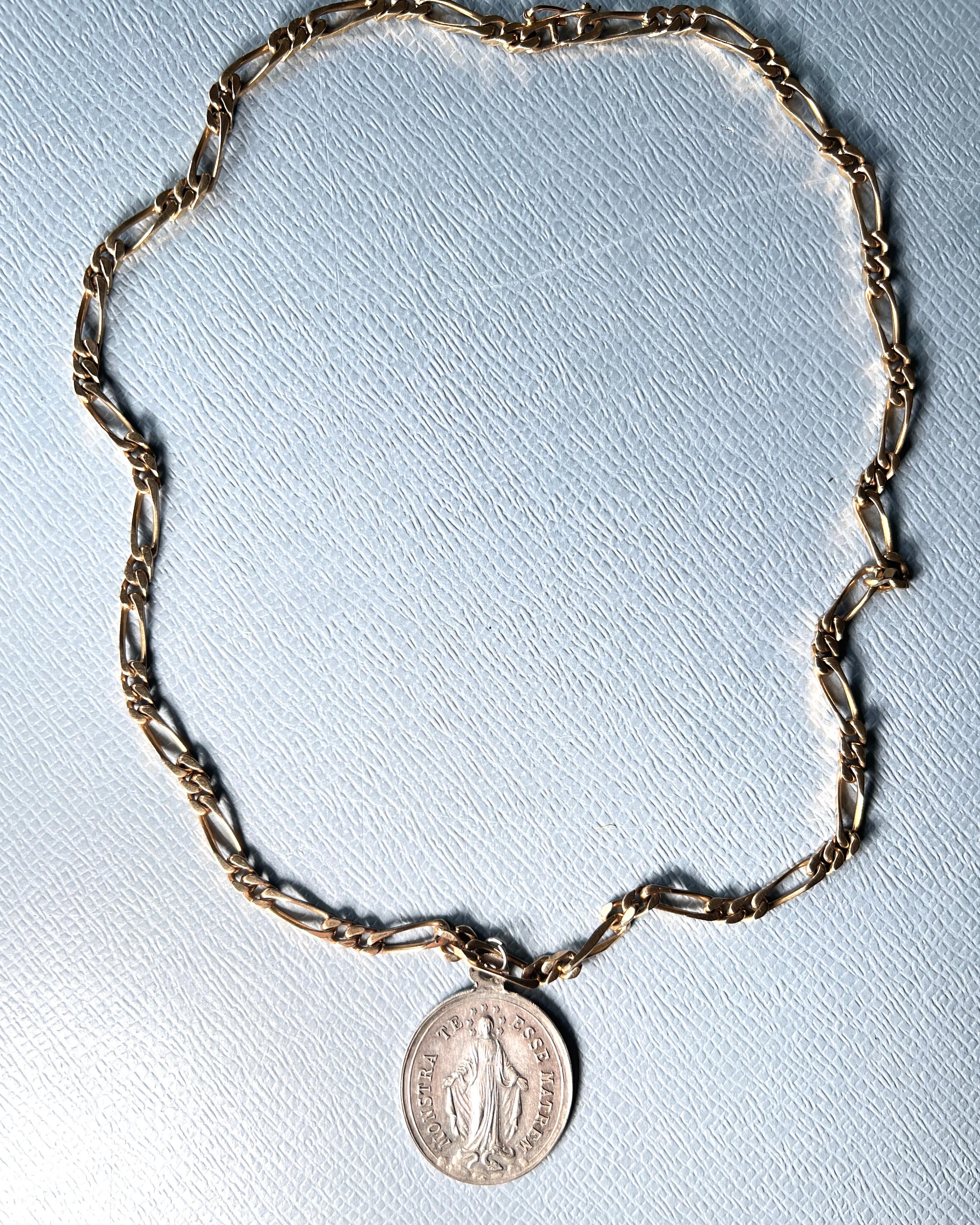 Women's Vintage French Silver Virgin Mary Medal Necklace Gold-Plated Figaro Chain For Sale