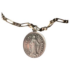 Vintage French Silver Virgin Mary Medal Necklace Gold-Plated Figaro Chain
