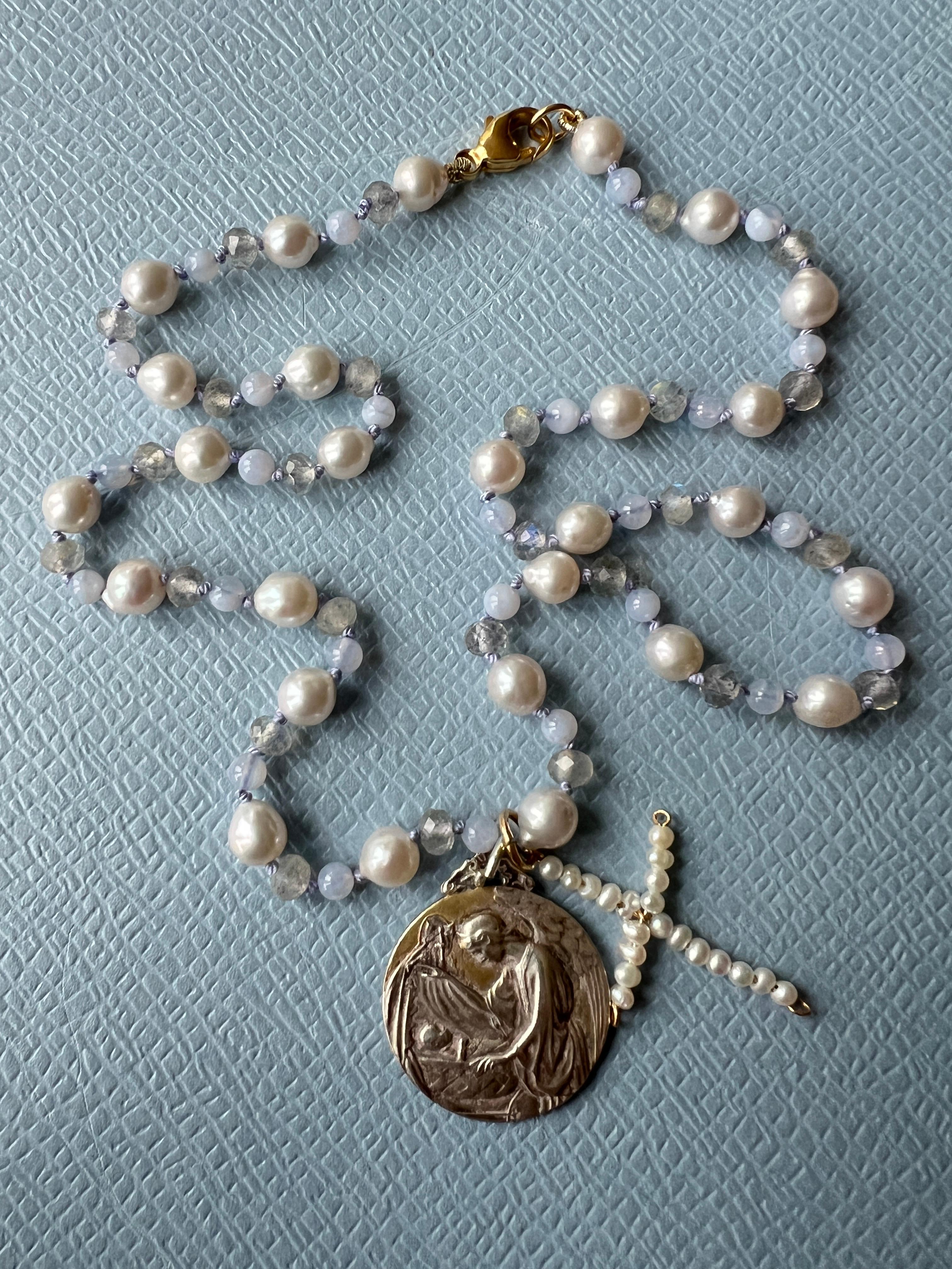 Mother Medal White Pearl Cross Labradorite Bead Choker Necklace Pendant 4