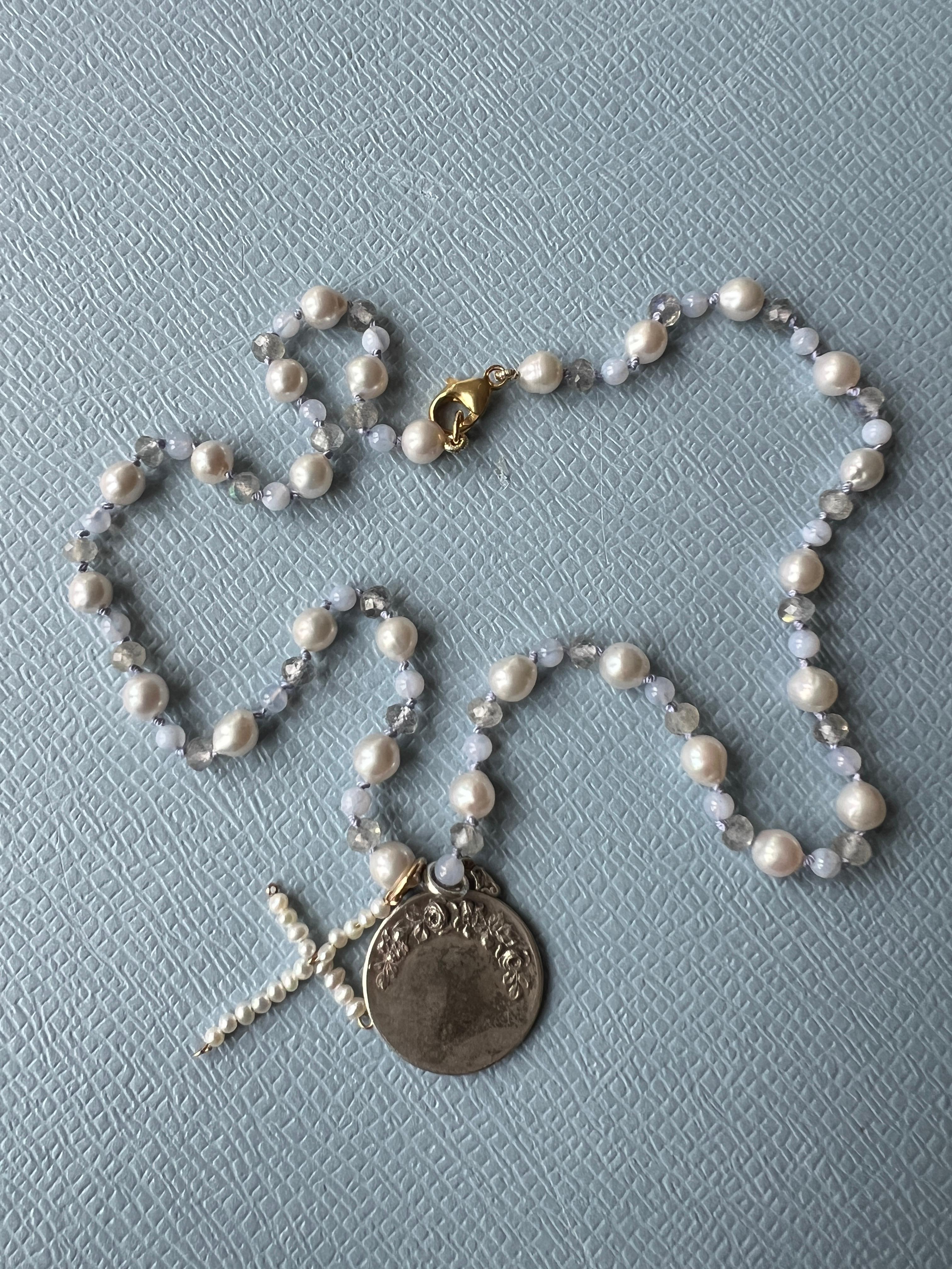 Mother Medal White Pearl Cross Labradorite Bead Choker Necklace Pendant 5