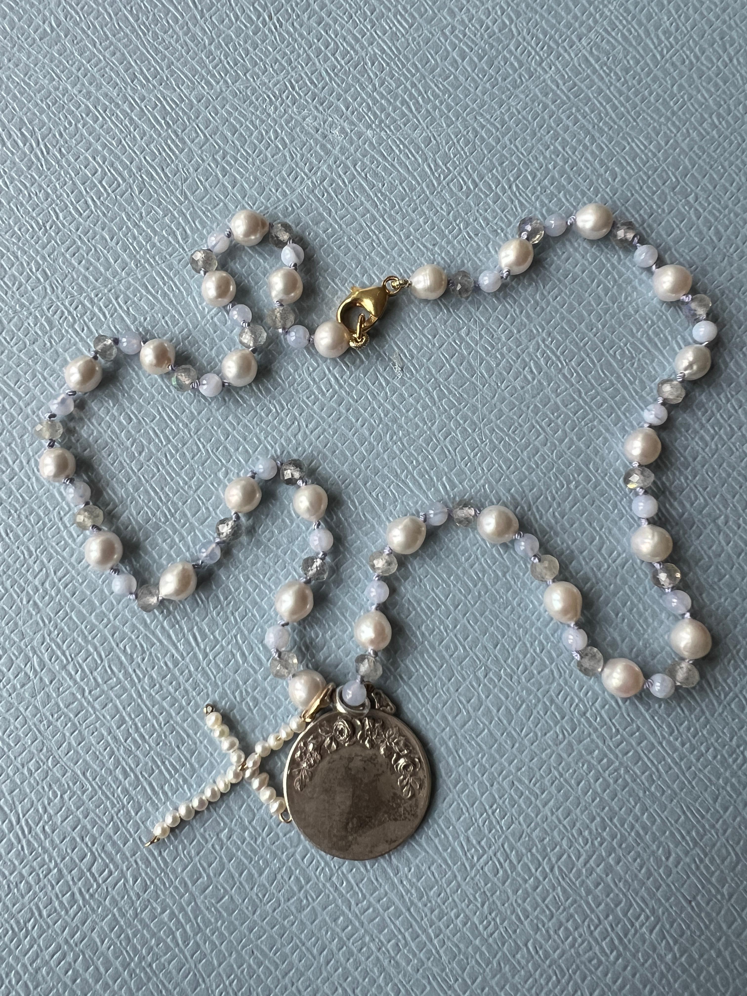 Mother Medal White Pearl Cross Labradorite Bead Choker Necklace Pendant 6