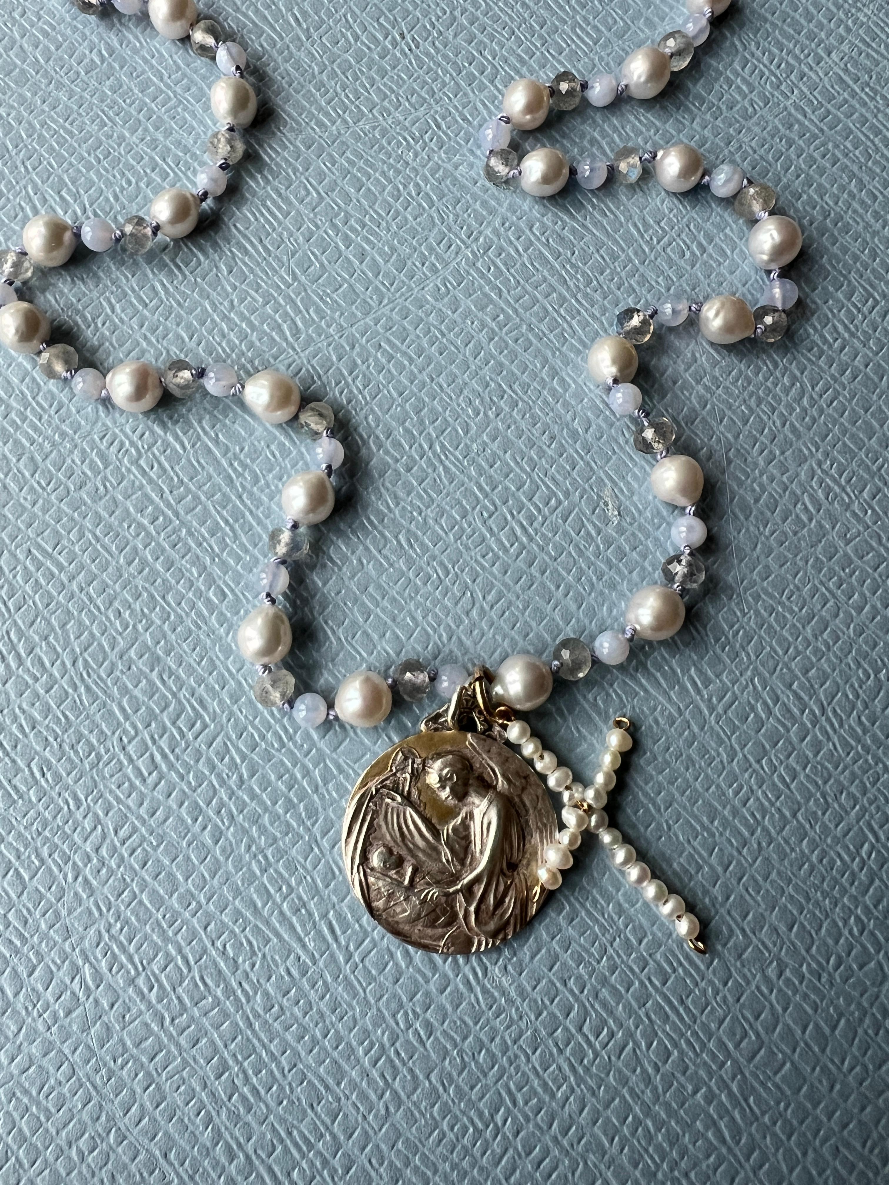 Contemporary Mother Medal White Pearl Cross Labradorite Bead Choker Necklace Pendant