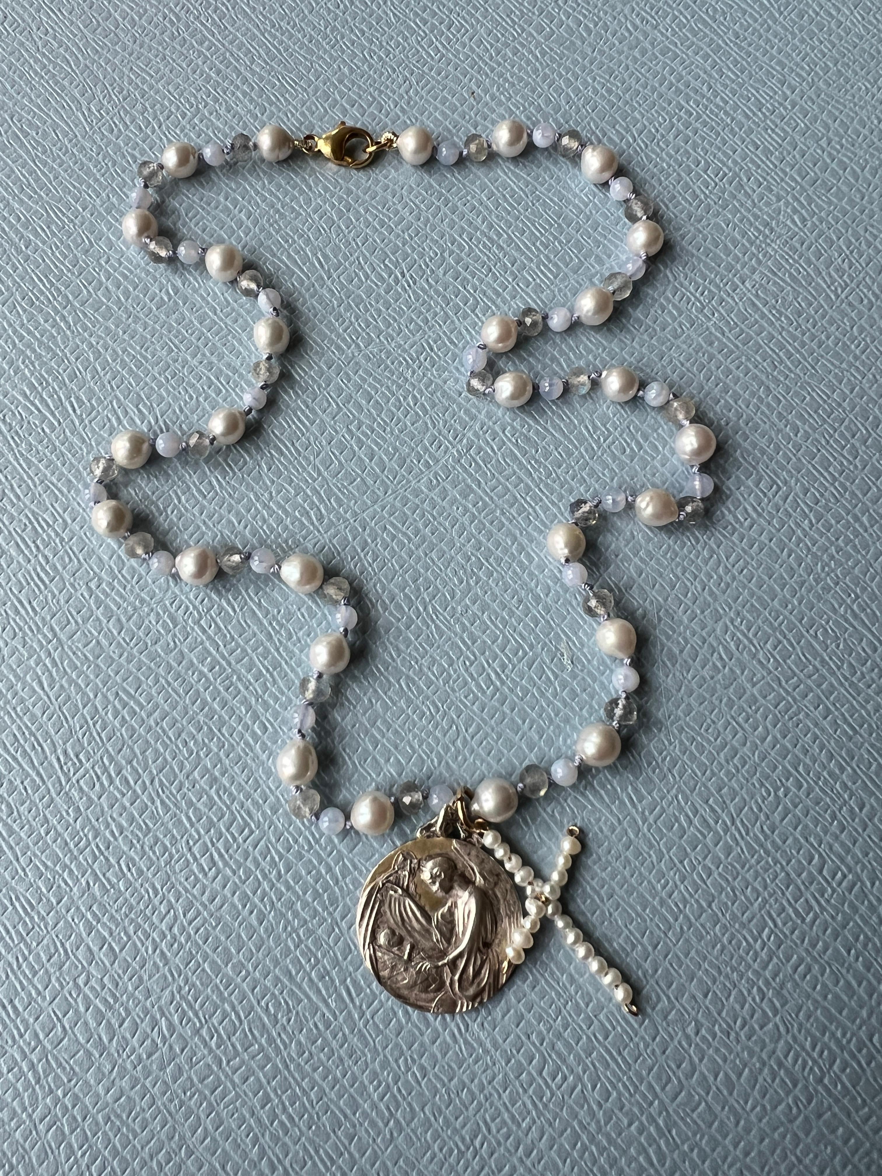 Women's Mother Medal White Pearl Cross Labradorite Bead Choker Necklace Pendant