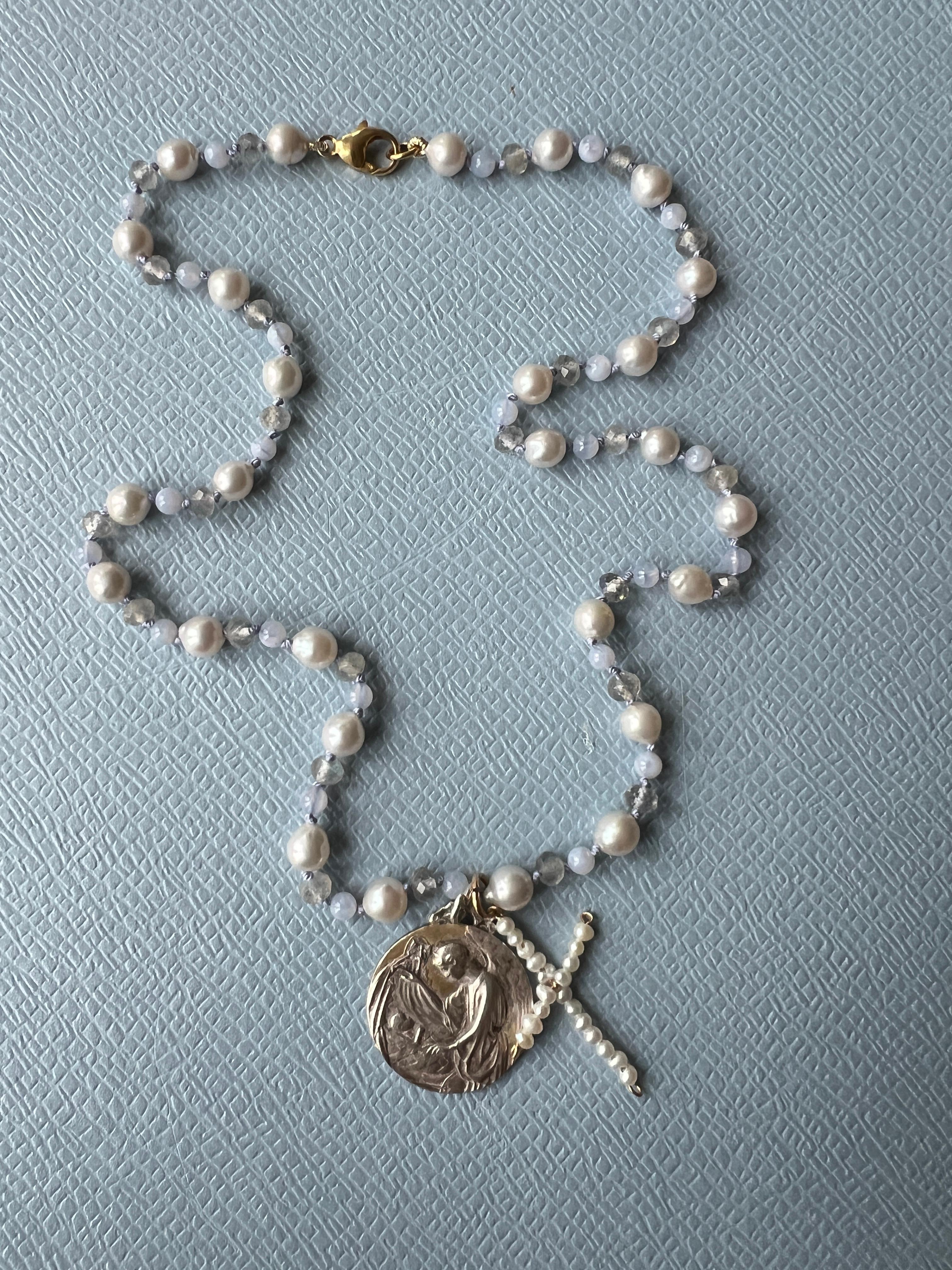 Mother Medal White Pearl Cross Labradorite Bead Choker Necklace Pendant 1