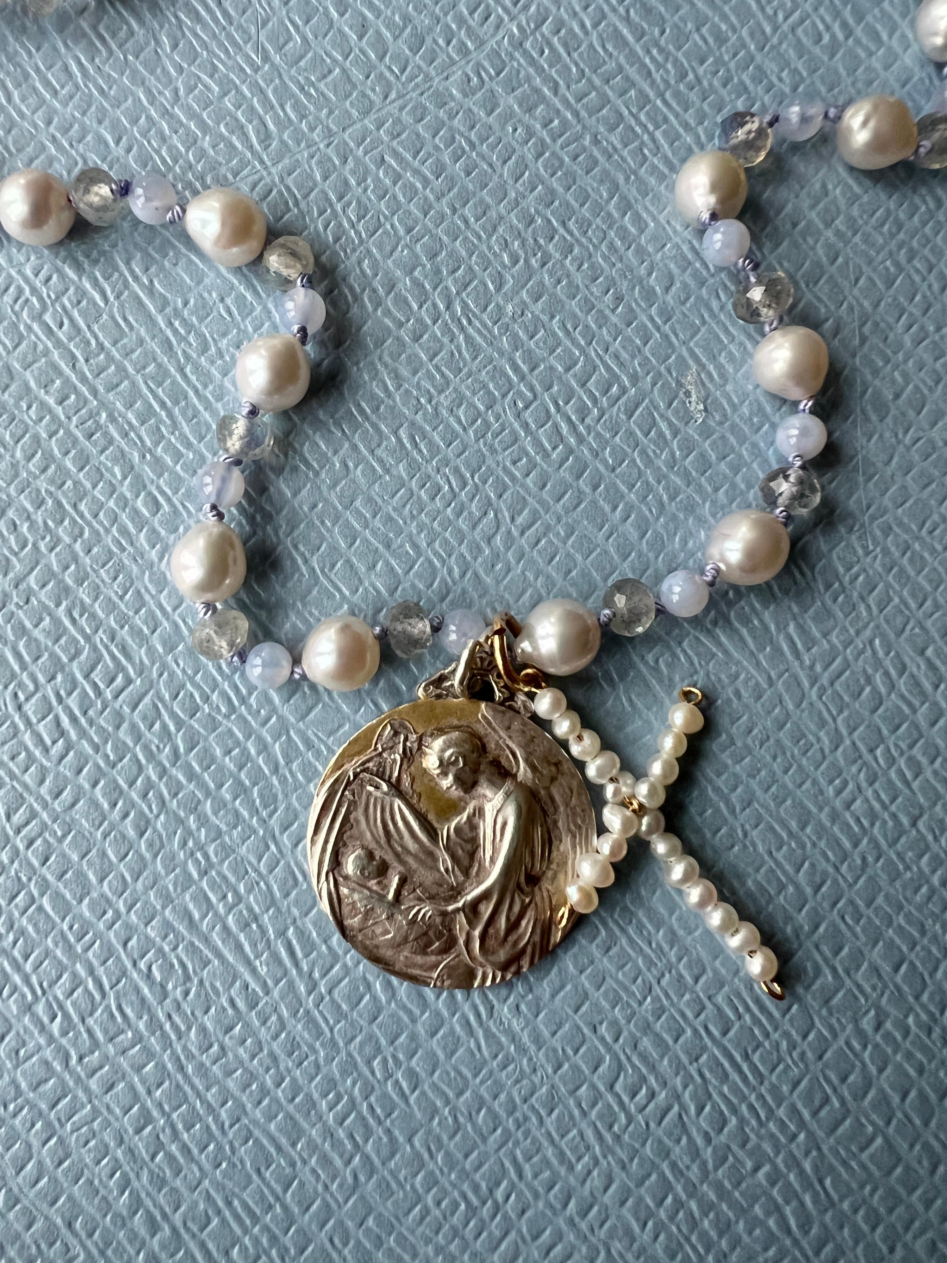 Mother Medal White Pearl Cross Labradorite Bead Choker Necklace Pendant 2