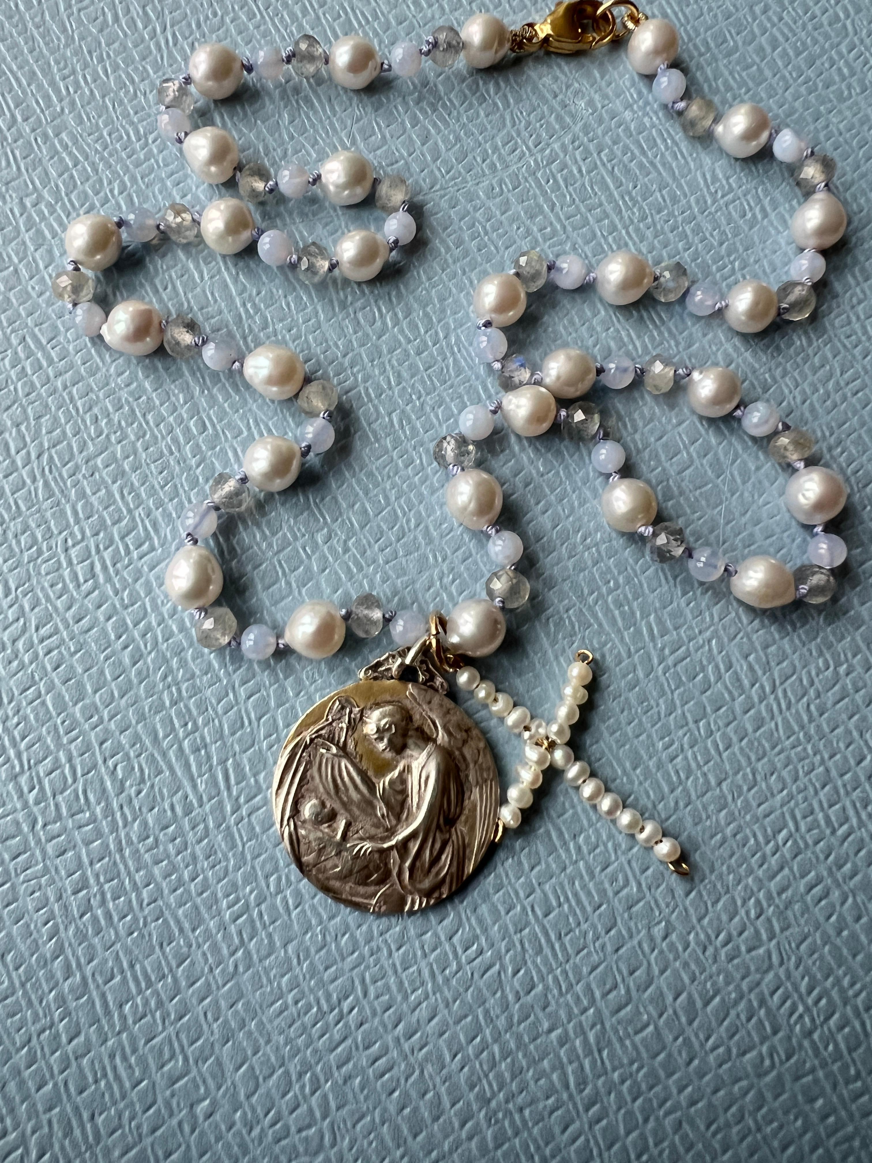 Mother Medal White Pearl Cross Labradorite Bead Choker Necklace Pendant 3