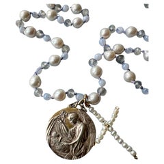 Mother Medal White Pearl Cross Labradorite Bead Choker Necklace Pendant