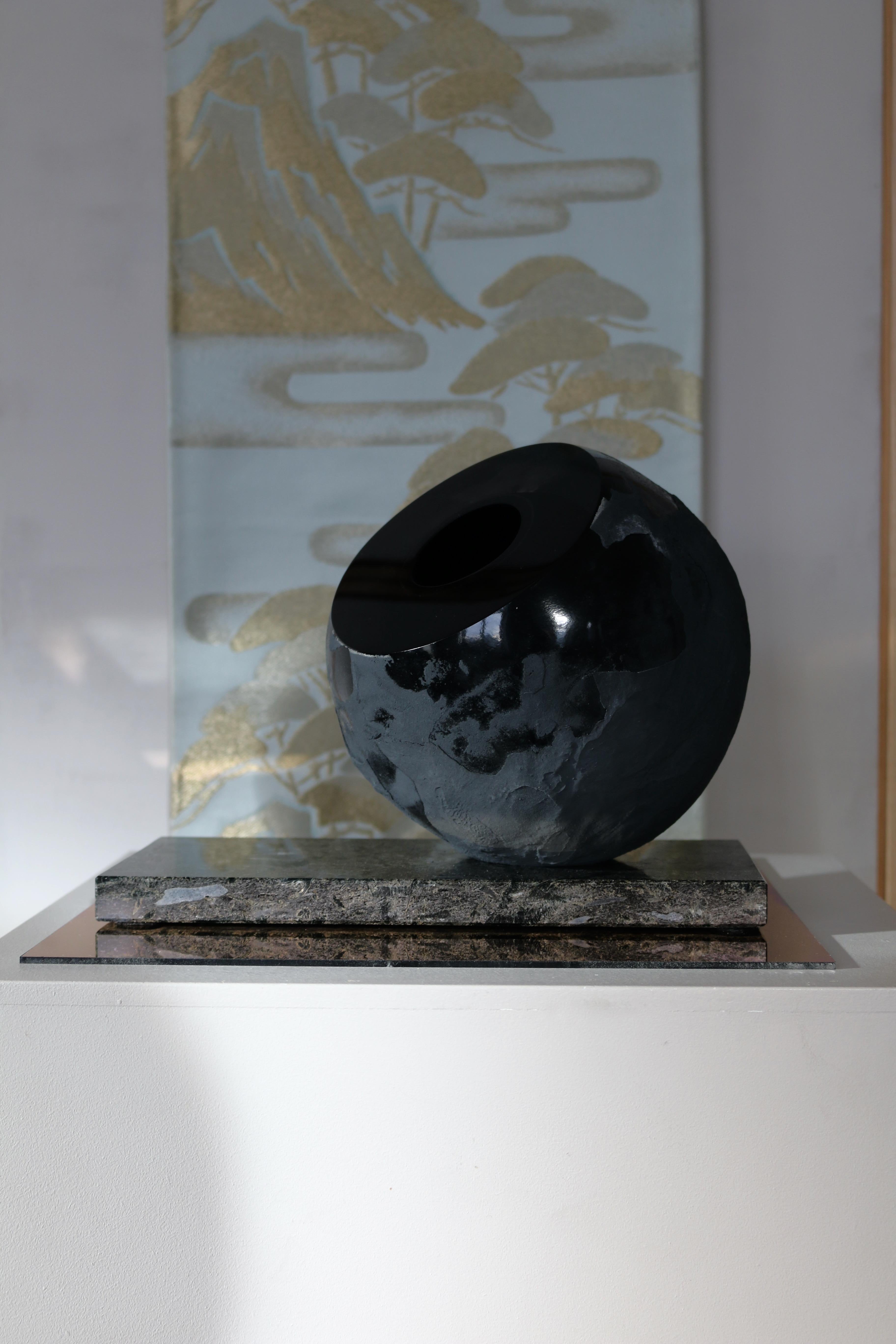 Blown Glass 'Mother Night Sky' Vase Raw Black on Marble  For Sale