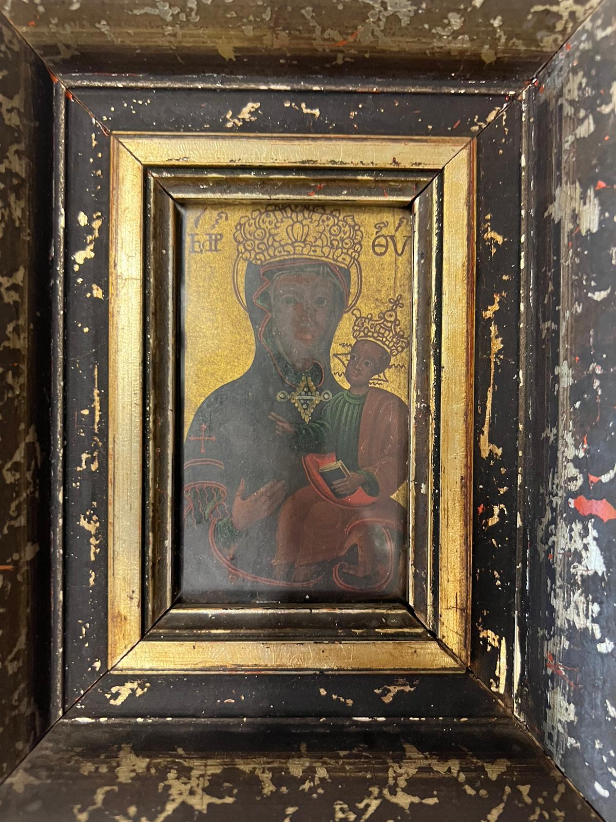 Mother of God icon oil painting antique 1758s, good original condition with wax stamp.