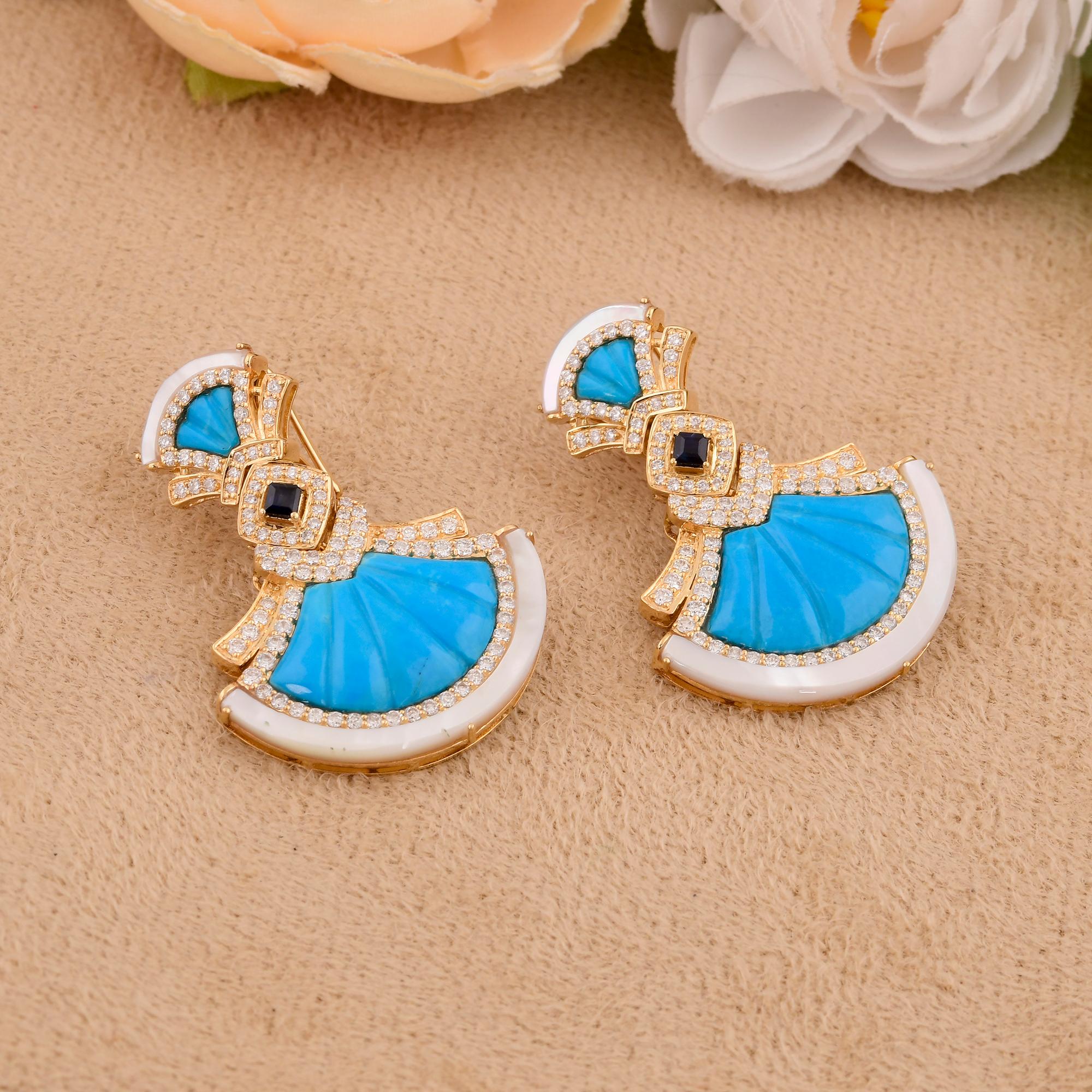 Round Cut Mother Of Pear Turquoise Dangle Earrings Diamond 14 Karat Yellow Gold Jewelry For Sale