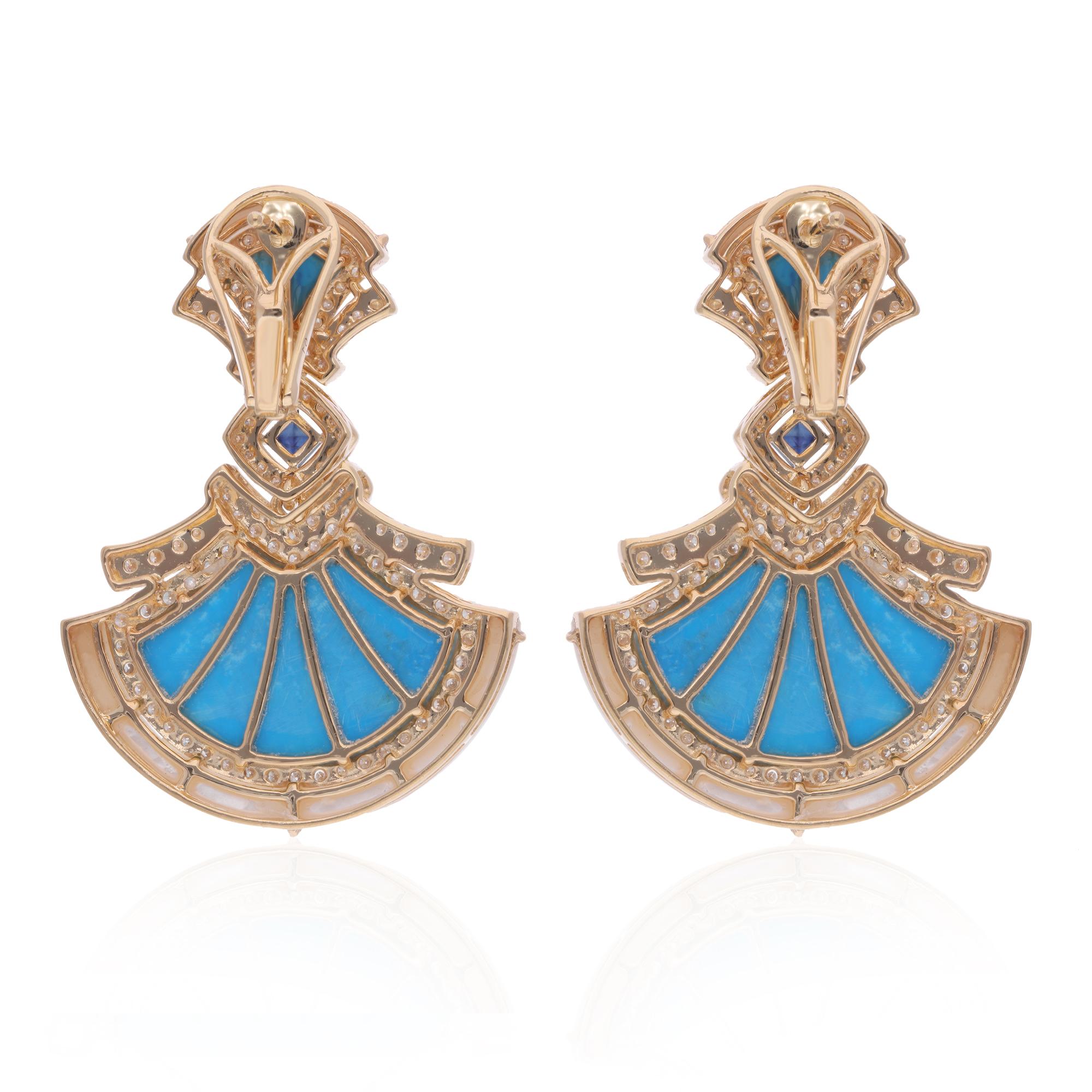 Women's Mother Of Pear Turquoise Dangle Earrings Diamond 14 Karat Yellow Gold Jewelry For Sale