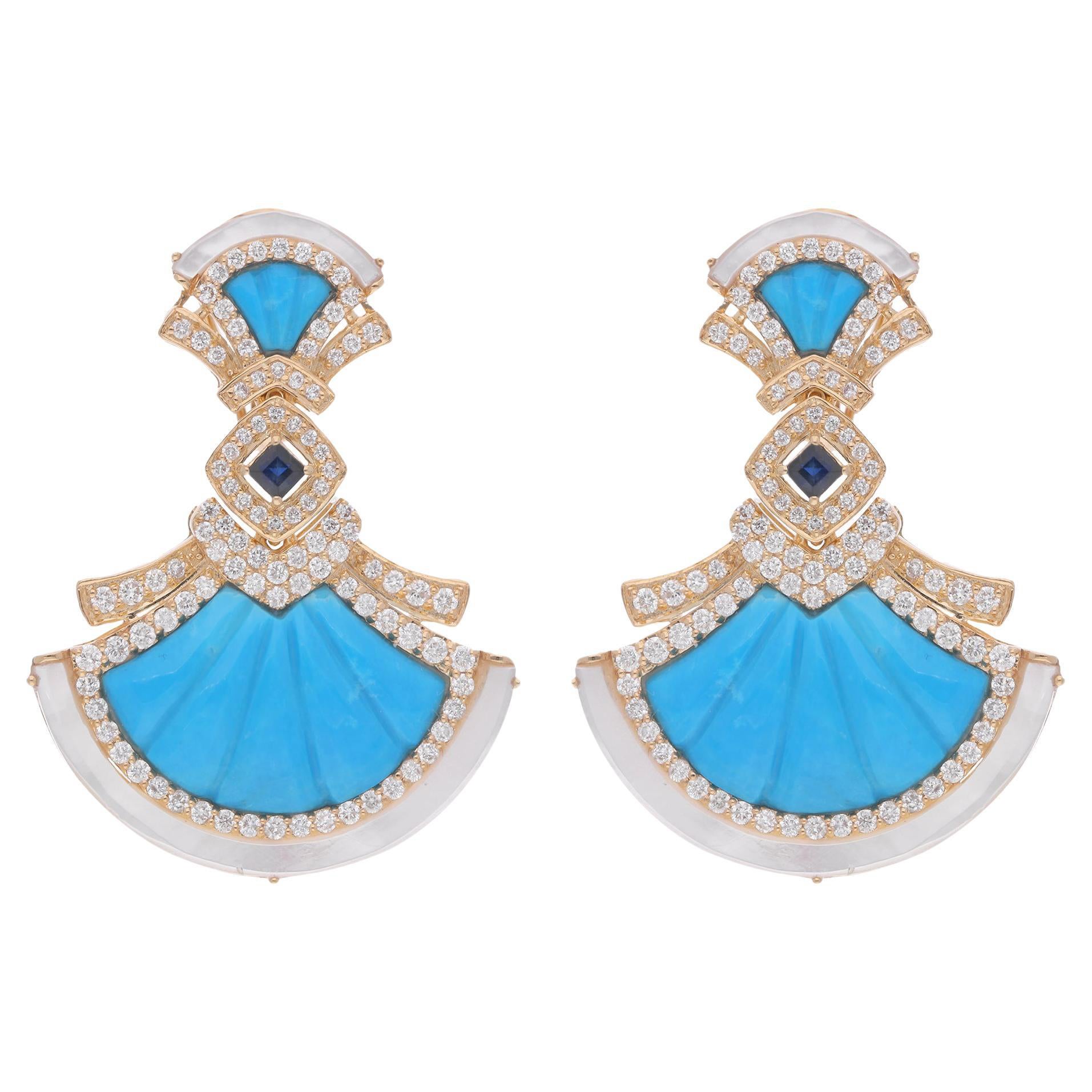 Pendants d'oreilles en or jaune 14 carats avec turquoise en poire et diamants